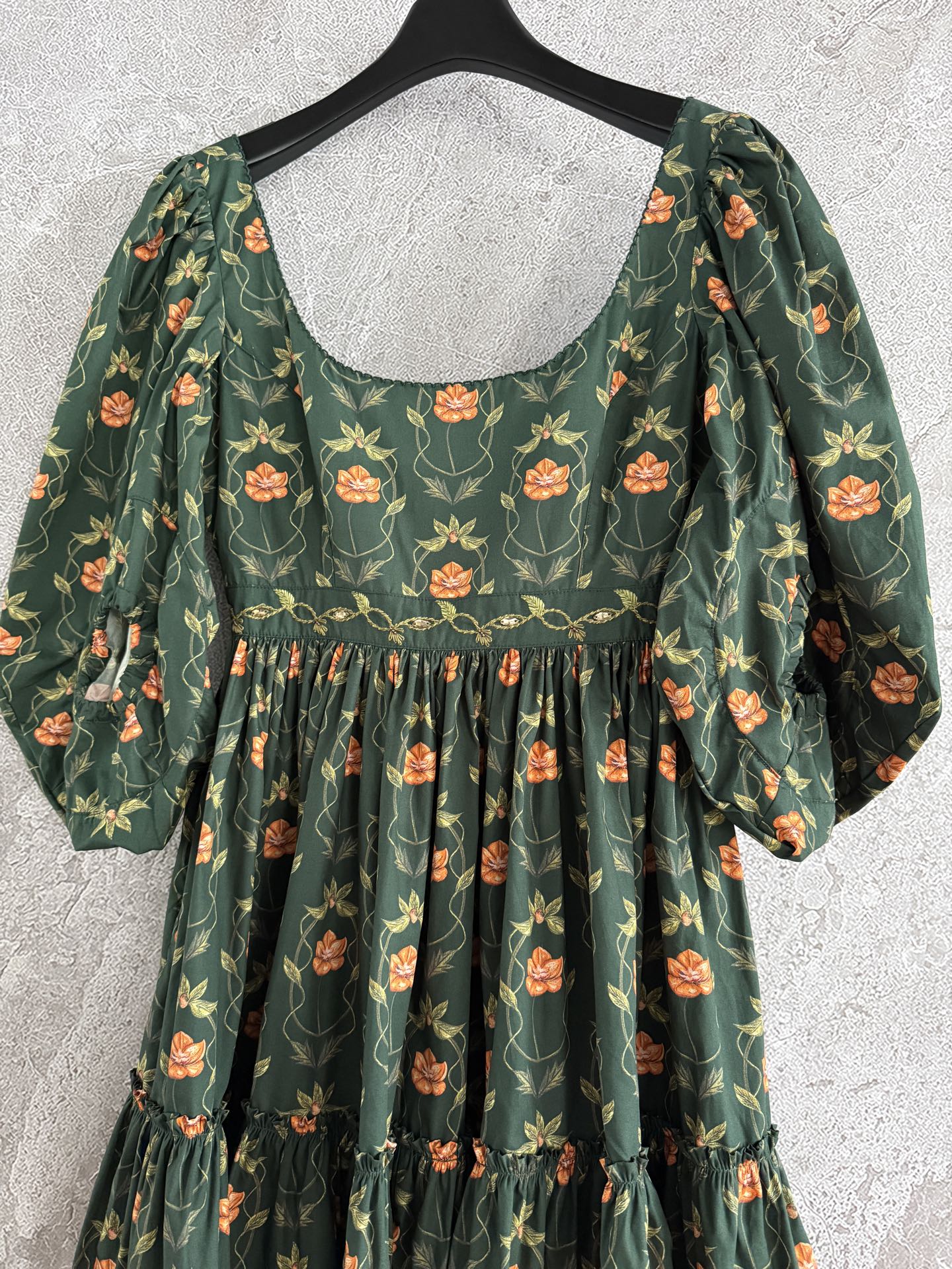AGUA Cotton Mini Dress Dark Green Short Sleeve Floral Print U-Neck Embroidery-Wasit 2505082Agua