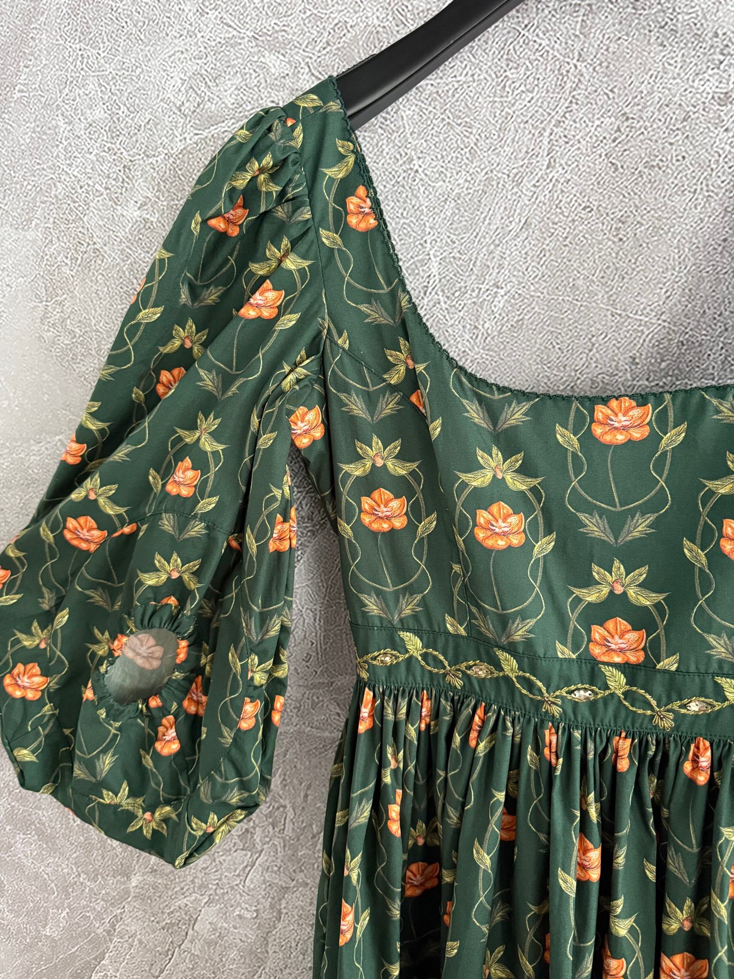 AGUA Cotton Mini Dress Dark Green Short Sleeve Floral Print U-Neck Embroidery-Wasit 2505082Agua
