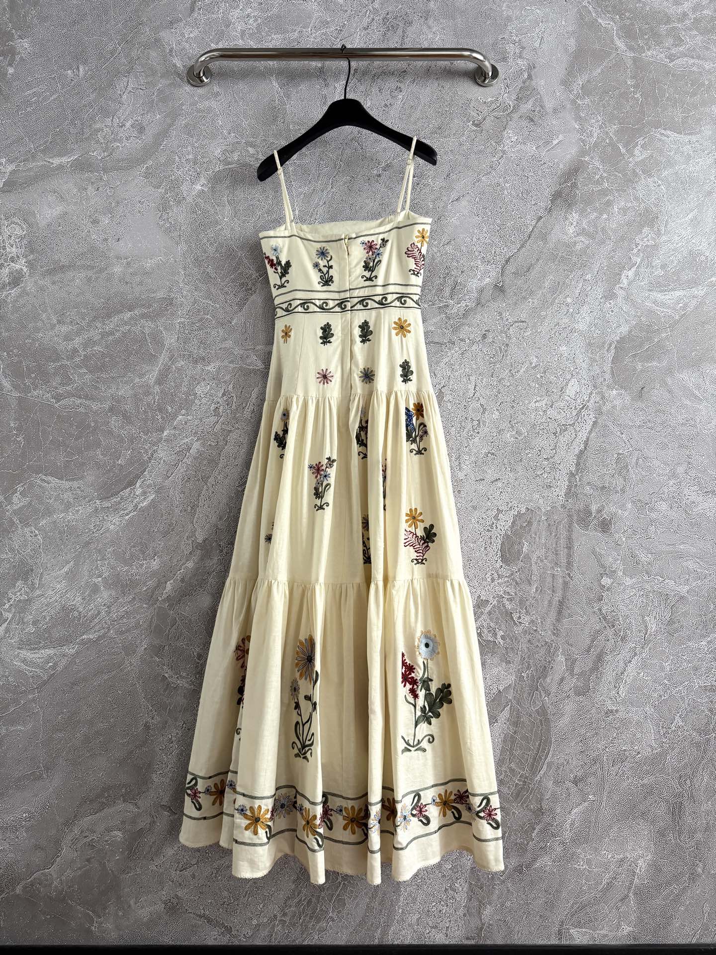 Agua Spaghetti Maxi Dress Linen Beige Sleeveless Back-zip Floral Embroidery Slash-Neck 2505084Agua