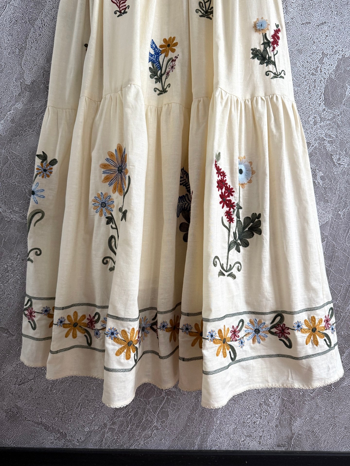 Agua Spaghetti Maxi Dress Linen Beige Sleeveless Back-zip Floral Embroidery Slash-Neck 2505084Agua