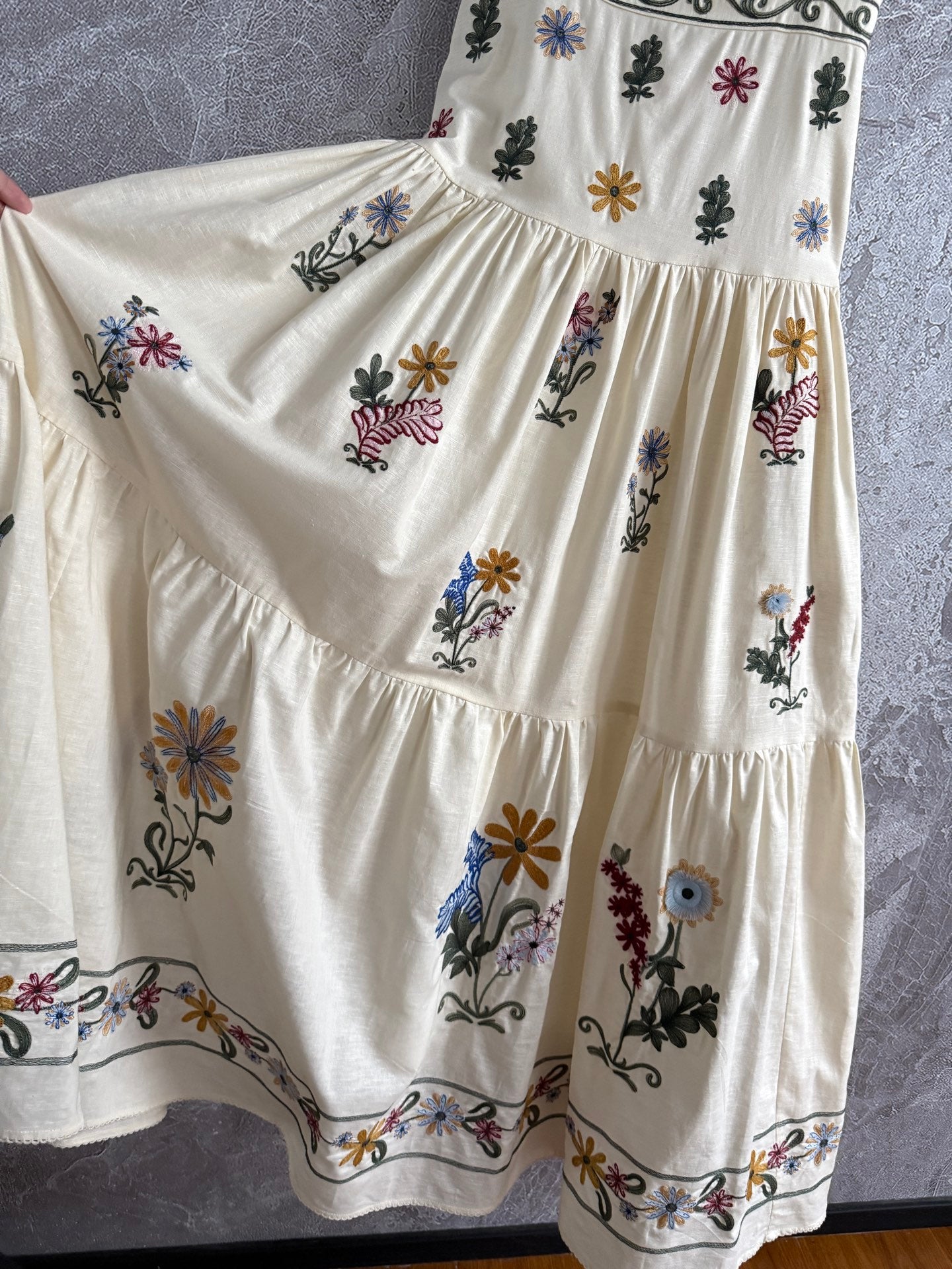 Agua Spaghetti Maxi Dress Linen Beige Sleeveless Back-zip Floral Embroidery Slash-Neck 2505084Agua