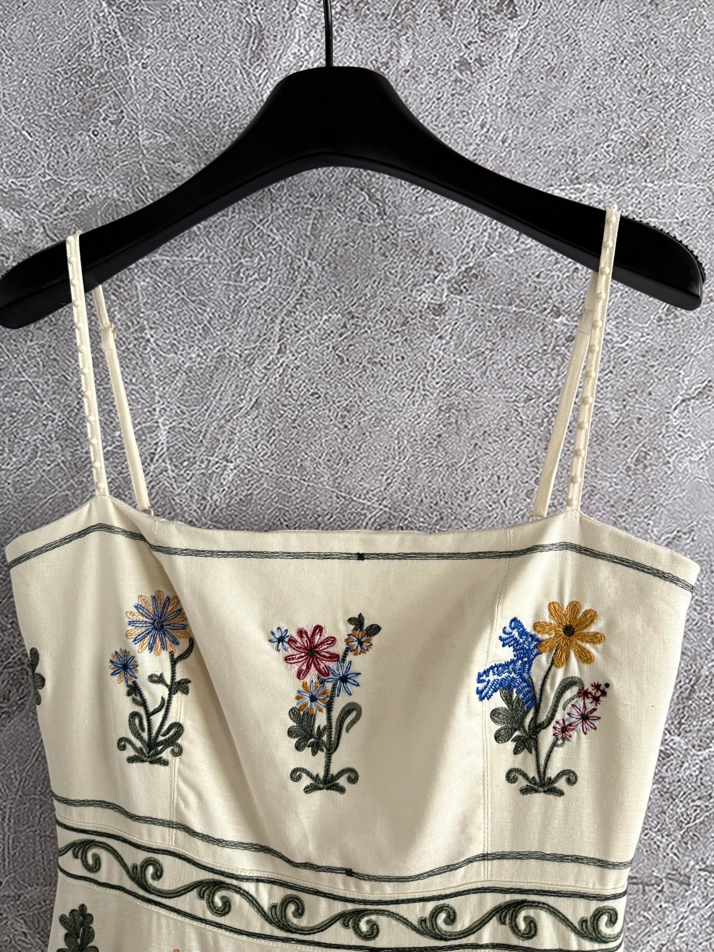 Agua Spaghetti Maxi Dress Linen Beige Sleeveless Back-zip Floral Embroidery Slash-Neck 2505084Agua