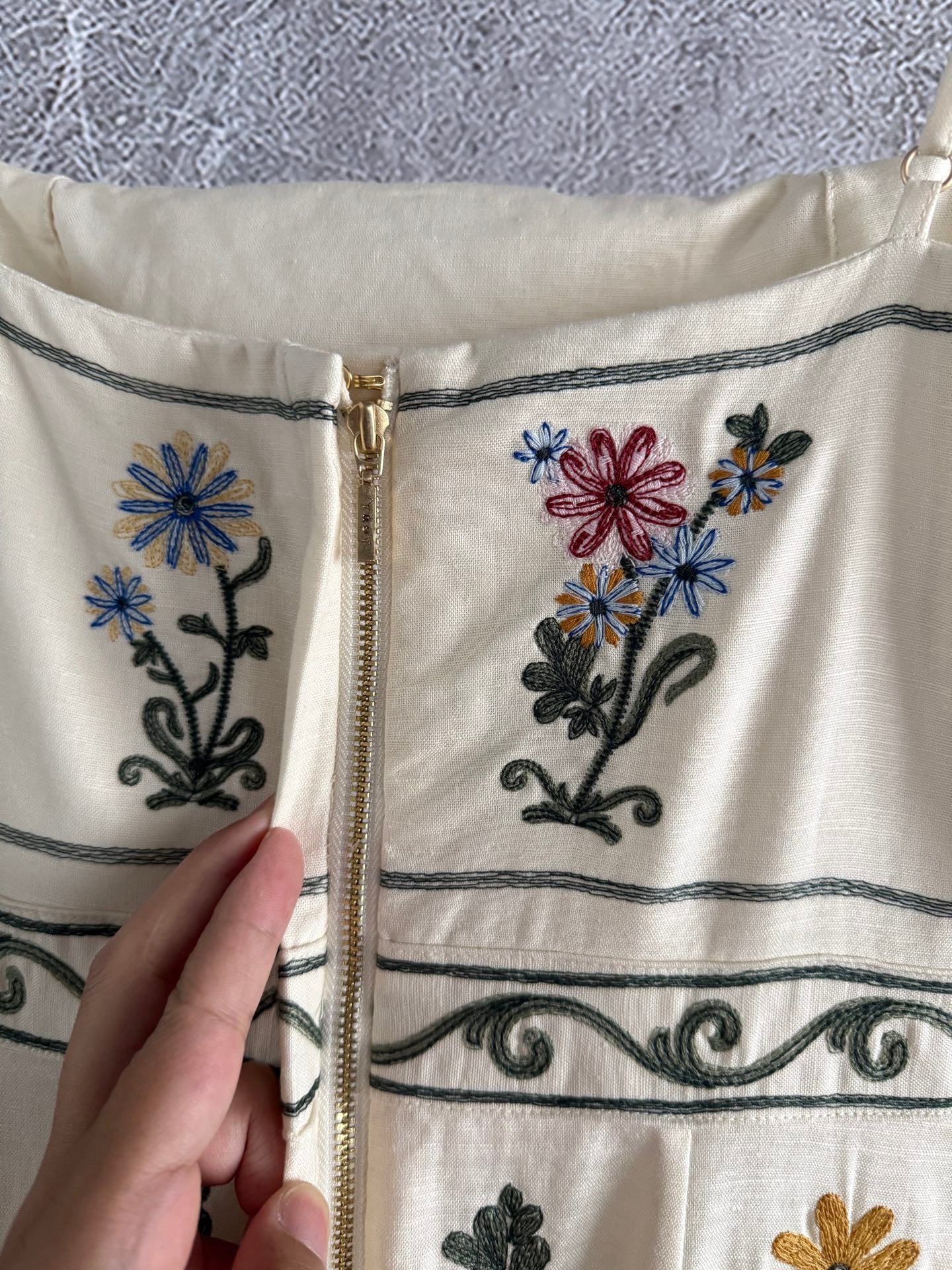 Agua Spaghetti Maxi Dress Linen Beige Sleeveless Back-zip Floral Embroidery Slash-Neck 2505084Agua