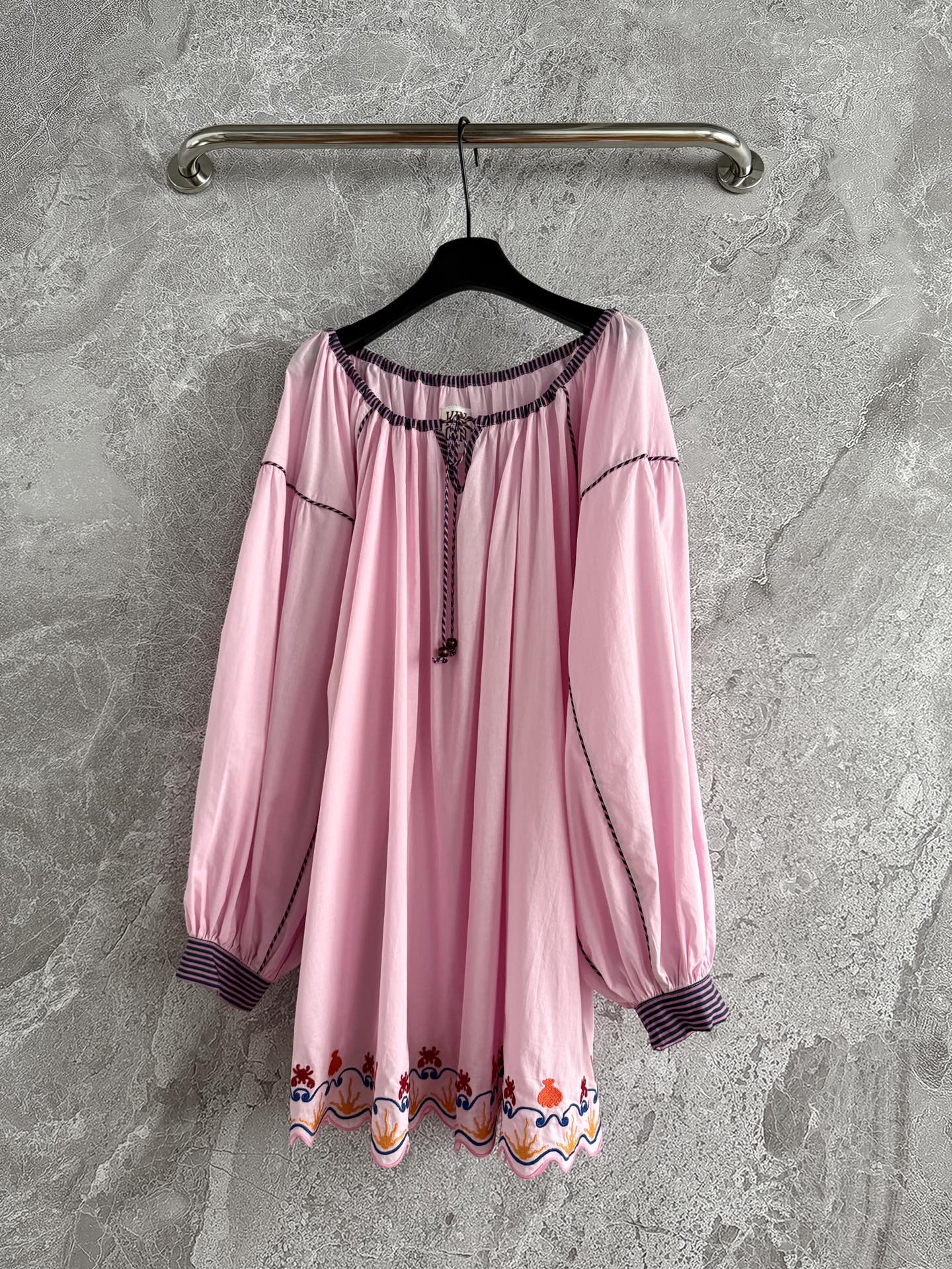 Pastel Pink Off-Shoulder Mini dress with Puff Sleeves and Embroidered Hem cotton loose 2506070kinga