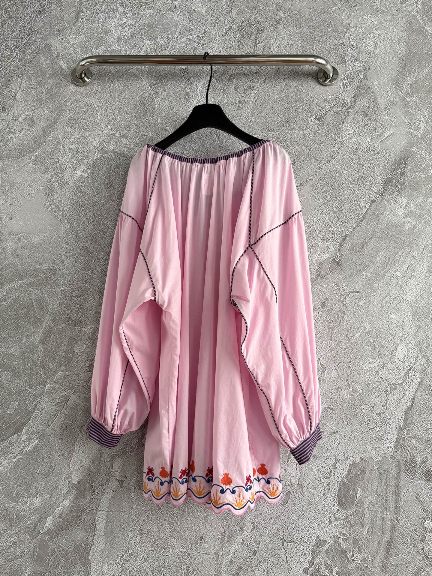 Pastel Pink Off-Shoulder Mini dress with Puff Sleeves and Embroidered Hem cotton loose 2506070kinga