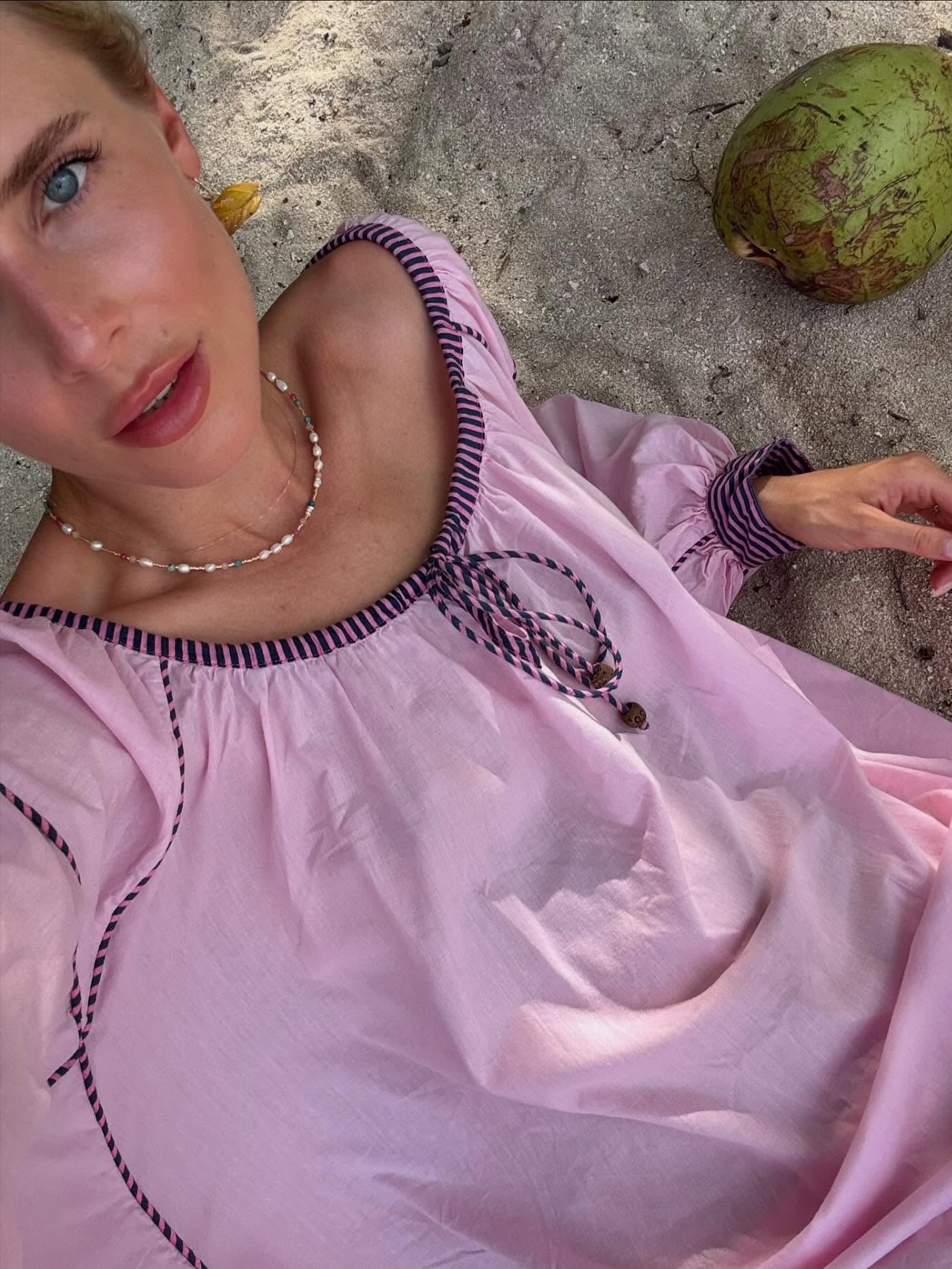 Pastel Pink Off-Shoulder Mini dress with Puff Sleeves and Embroidered Hem cotton loose 2506070kinga