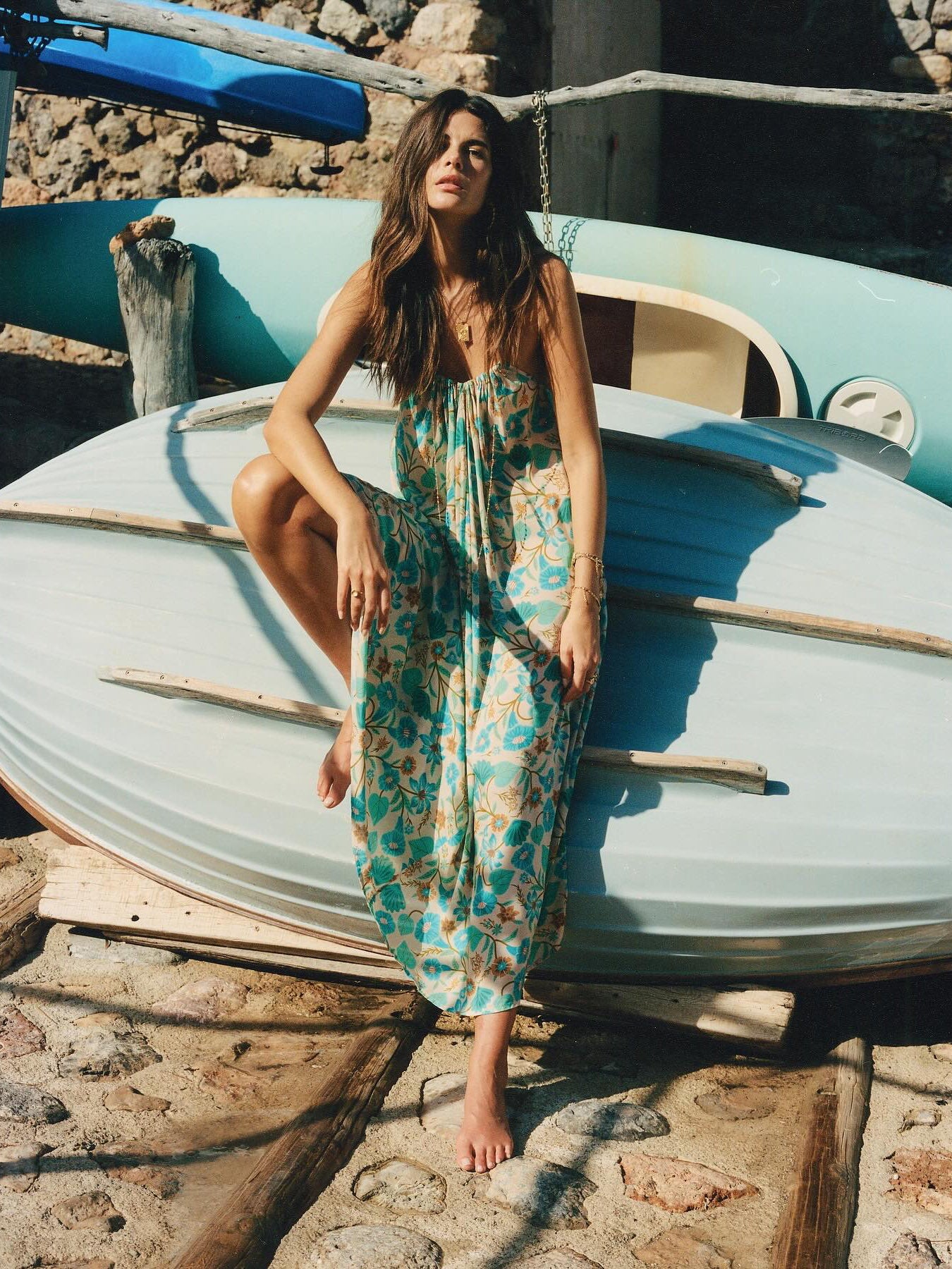 Spell Summer Midi Dress Blue Floral print sleevless spaghetti strap drawstring bust 2506049spell