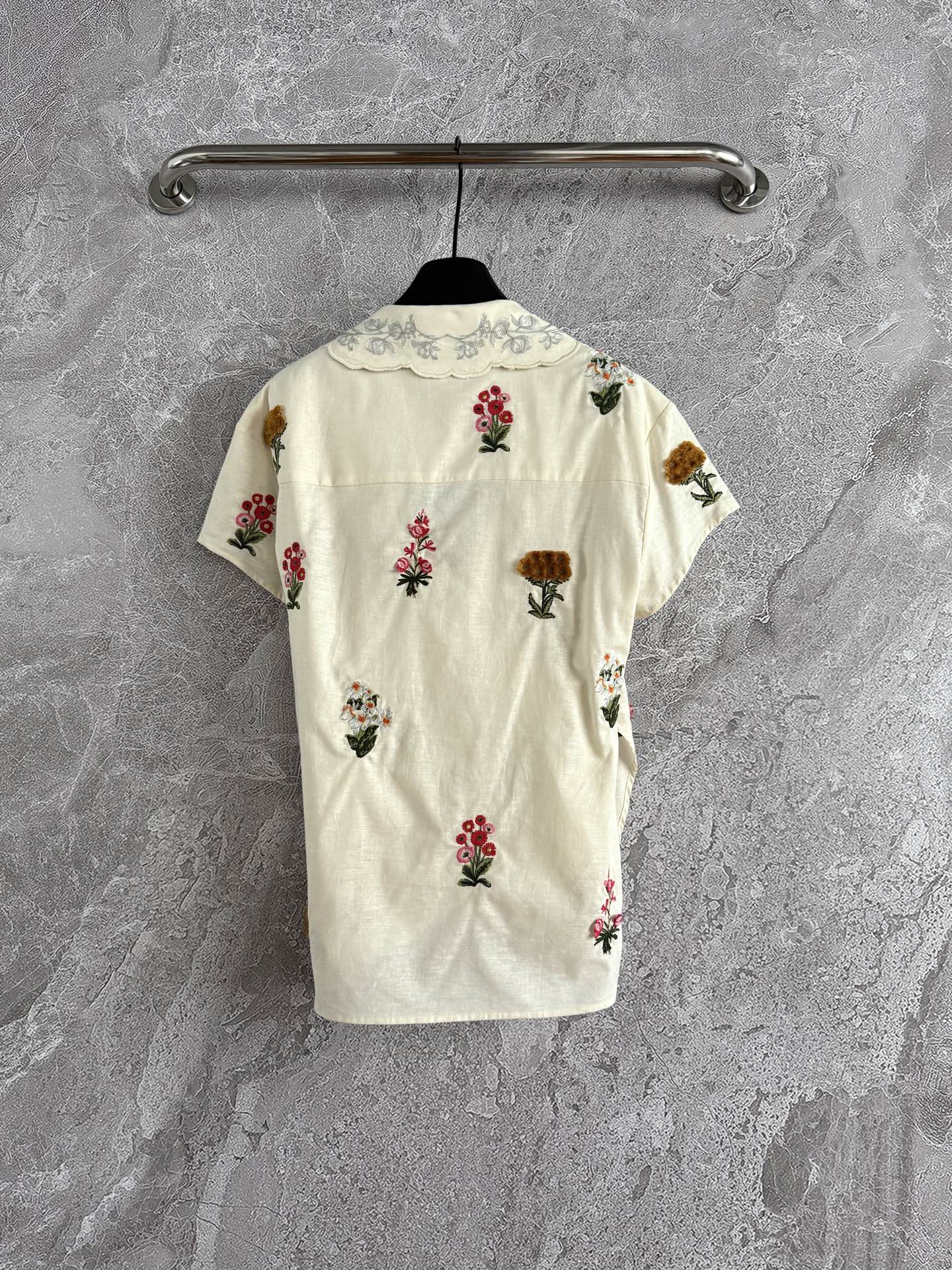 AGUA Summer Linen wrap Shirt Pants set floral embroidery beige V-neck wide-leg fix-waist 2506015AGUA
