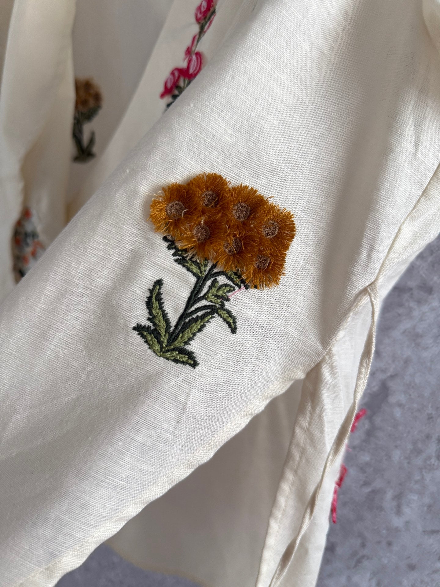 AGUA Summer Linen wrap Shirt Pants set floral embroidery beige V-neck wide-leg fix-waist 2506015AGUA