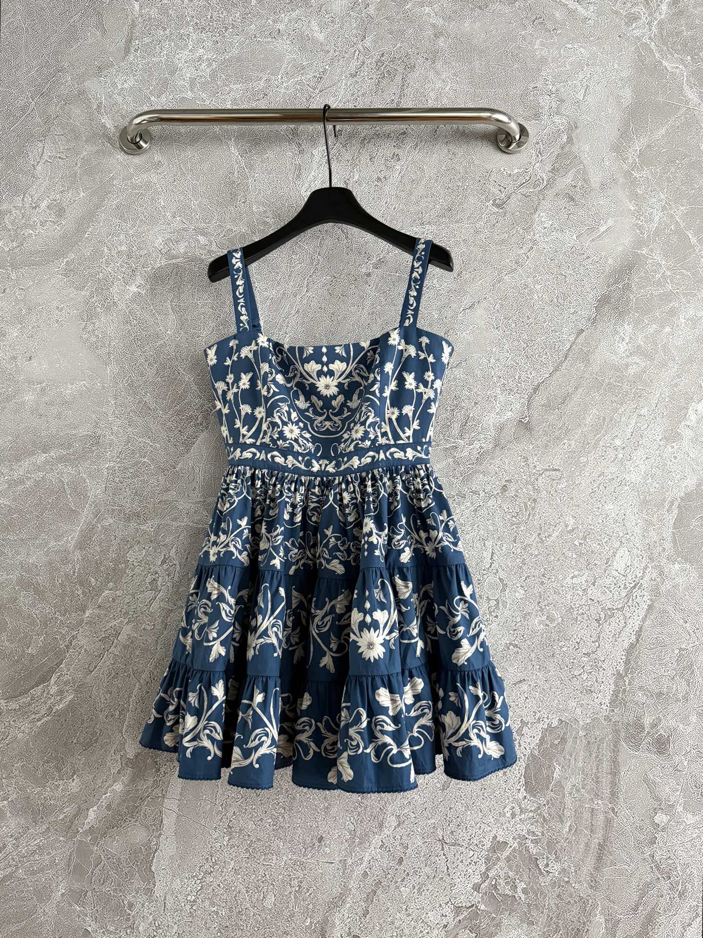 Agua Cotton Sleeveless Strappy mini Dress with Floral Print and Ruffled Layers dark blue 2506071agua