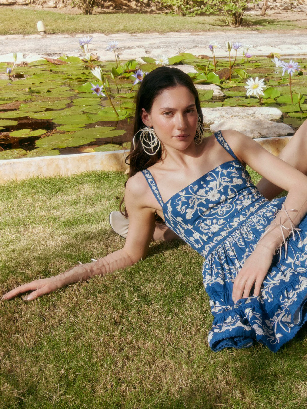 Agua Cotton Sleeveless Strappy mini Dress with Floral Print and Ruffled Layers dark blue 2506071agua