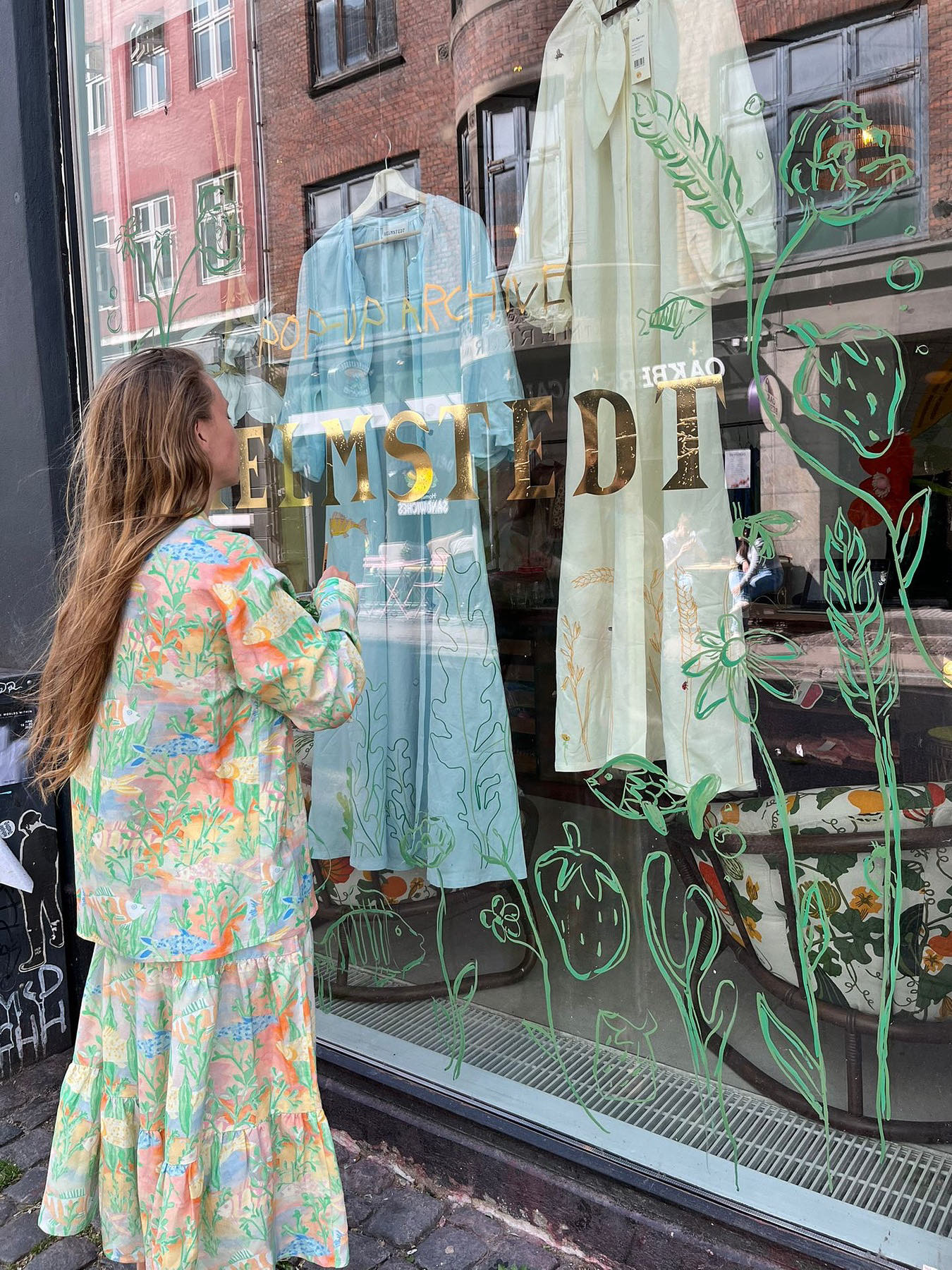 Helmstedt floral print midi skirt linen viscose light green side-zip fix-waist holiday style 2506075helmstedt