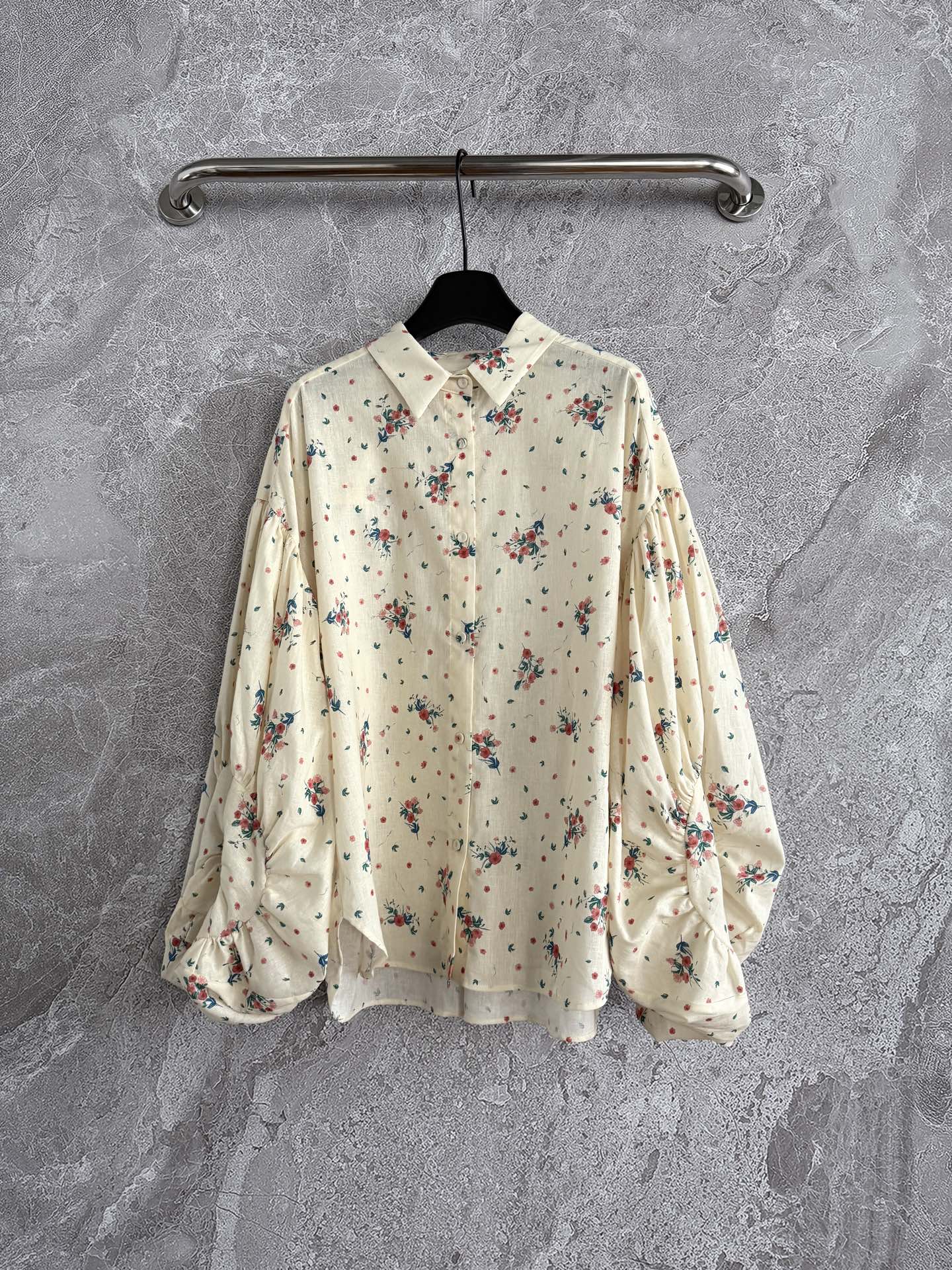 Agua shirt shorts set long puff sleeve floral print front button linen fix-waist back-zip 2506072agua