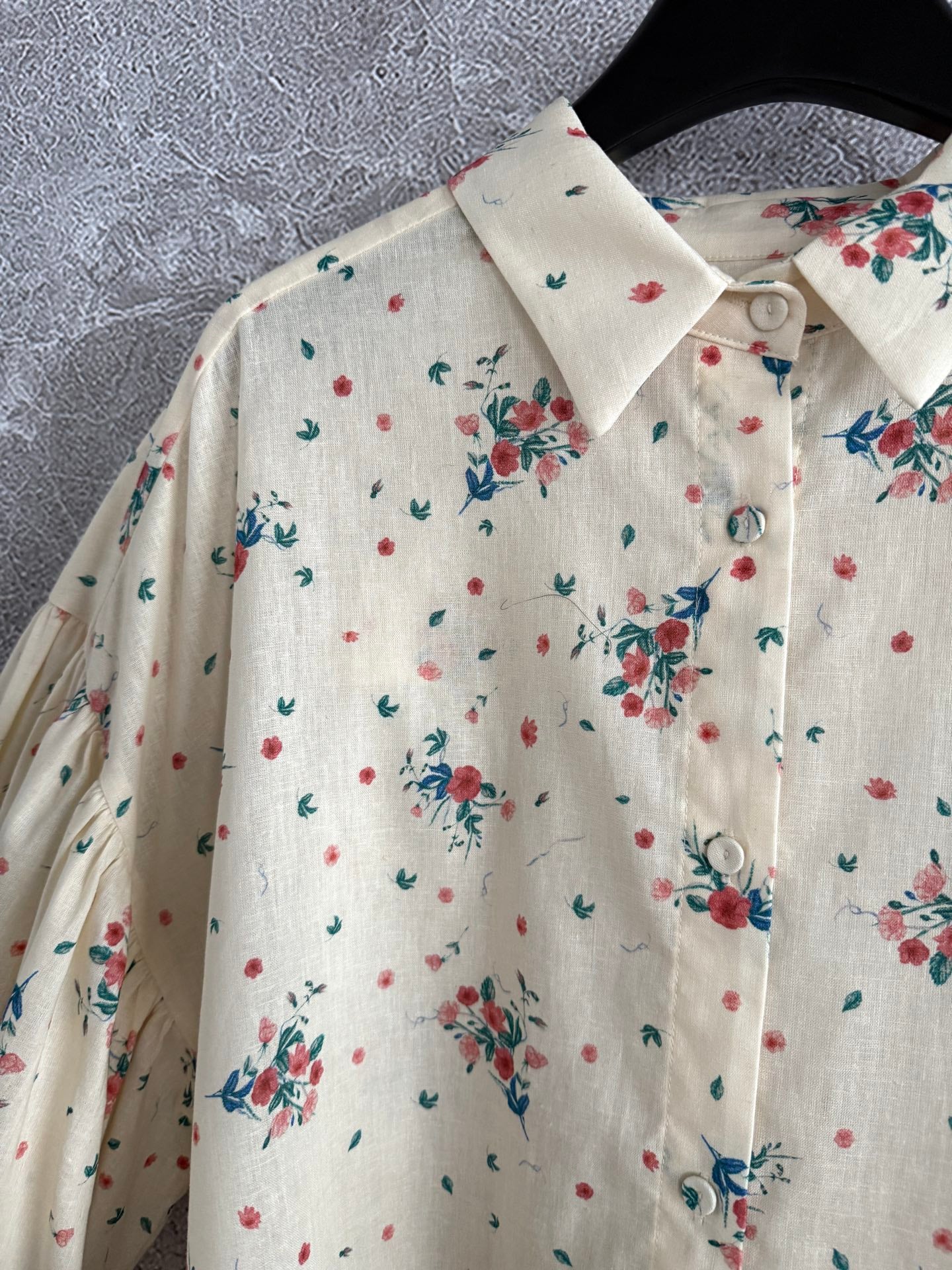 Agua shirt shorts set long puff sleeve floral print front button linen fix-waist back-zip 2506072agua