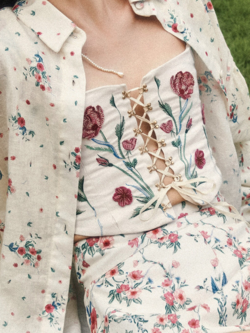 Agua shirt shorts set long puff sleeve floral print front button linen fix-waist back-zip 2506072agua