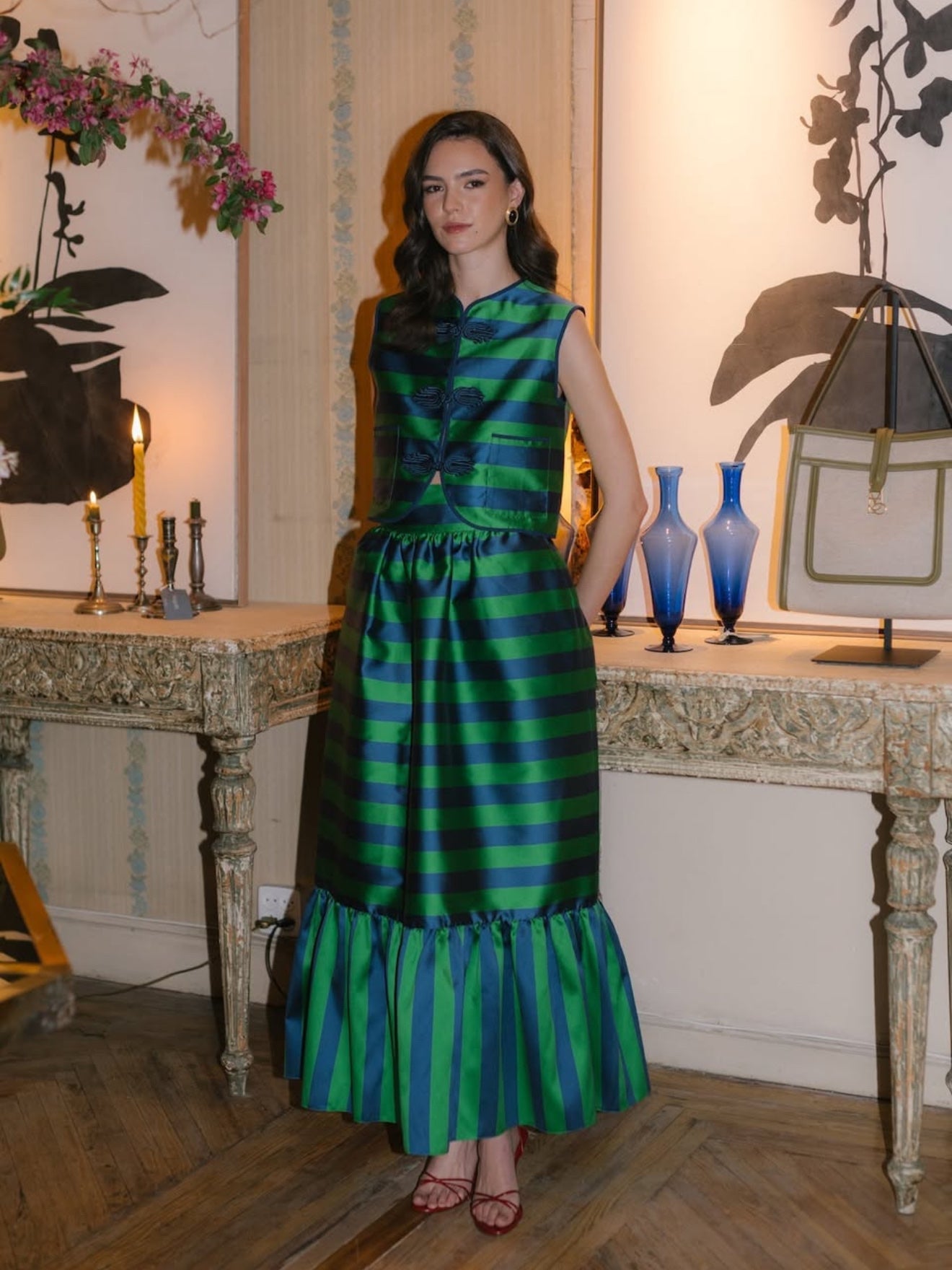 MariadelaOrden Sleeveless shirt Midi Skirt Green Stripe Chinese Knot Button High Waist 2506082marie