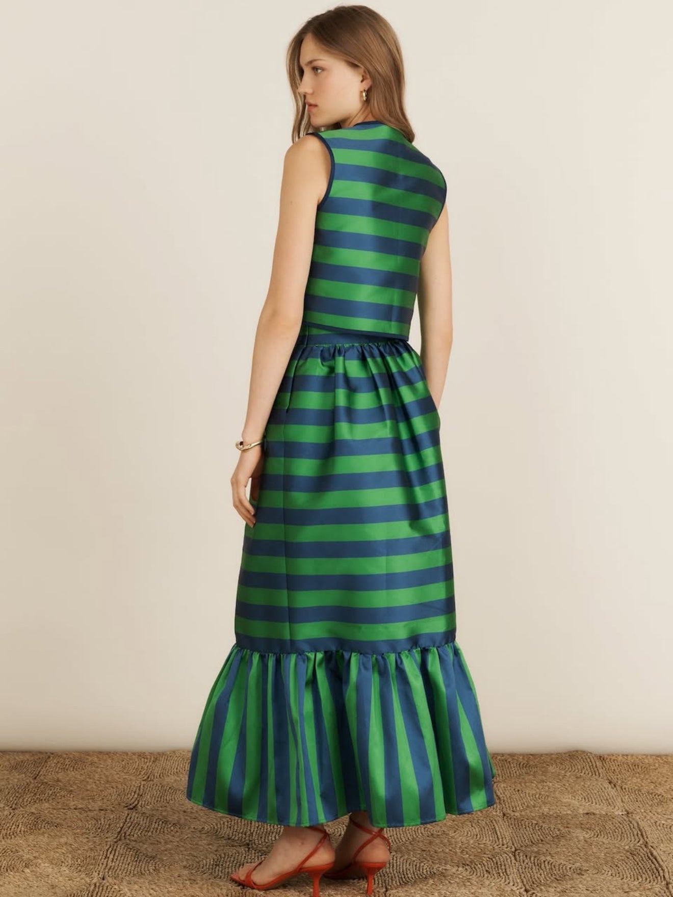 MariadelaOrden Sleeveless shirt Midi Skirt Green Stripe Chinese Knot Button High Waist 2506082marie