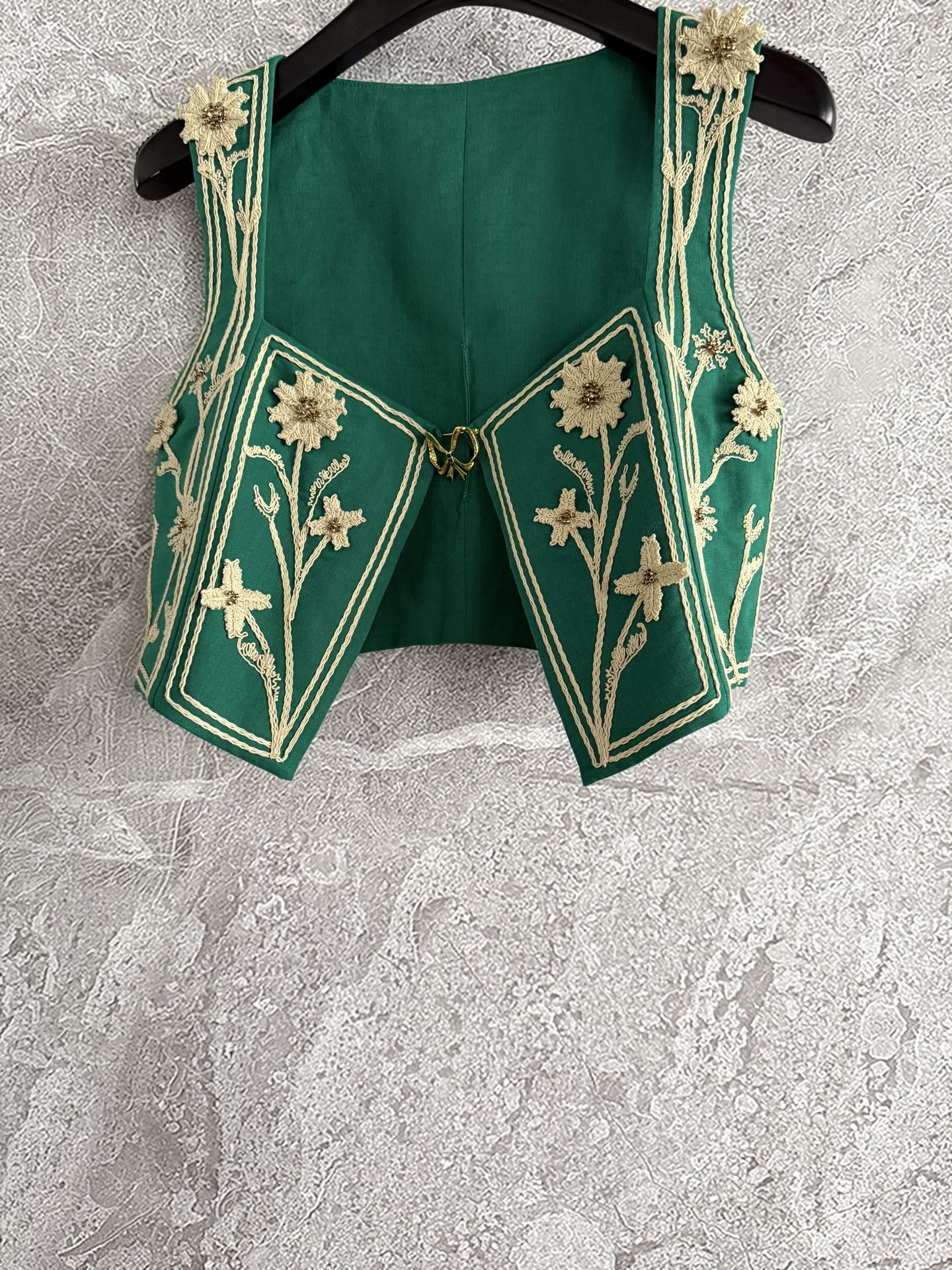 Agua Linen Open Vest Midi Skirt set Green Embroidery Sleeveless Square Neck Back-zip 2506084agua