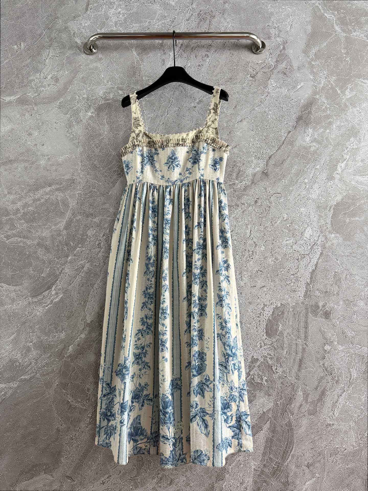 Agua Midi Slip Dress Slip Sleeveless Light Blue Floral Print Linen Rear-Zip Beading 2508078Agua