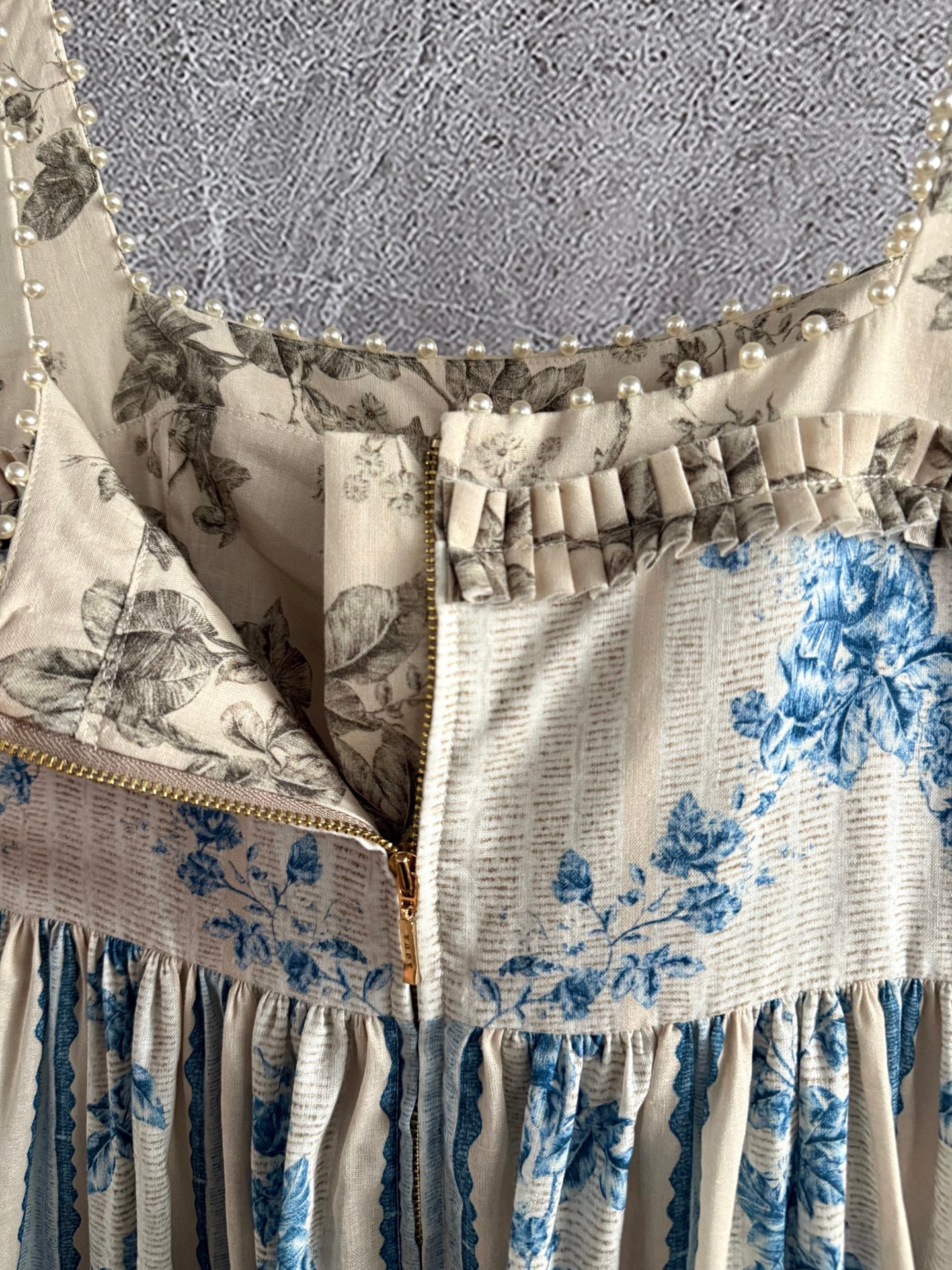 Agua Midi Slip Dress Slip Sleeveless Light Blue Floral Print Linen Rear-Zip Beading 2508078Agua