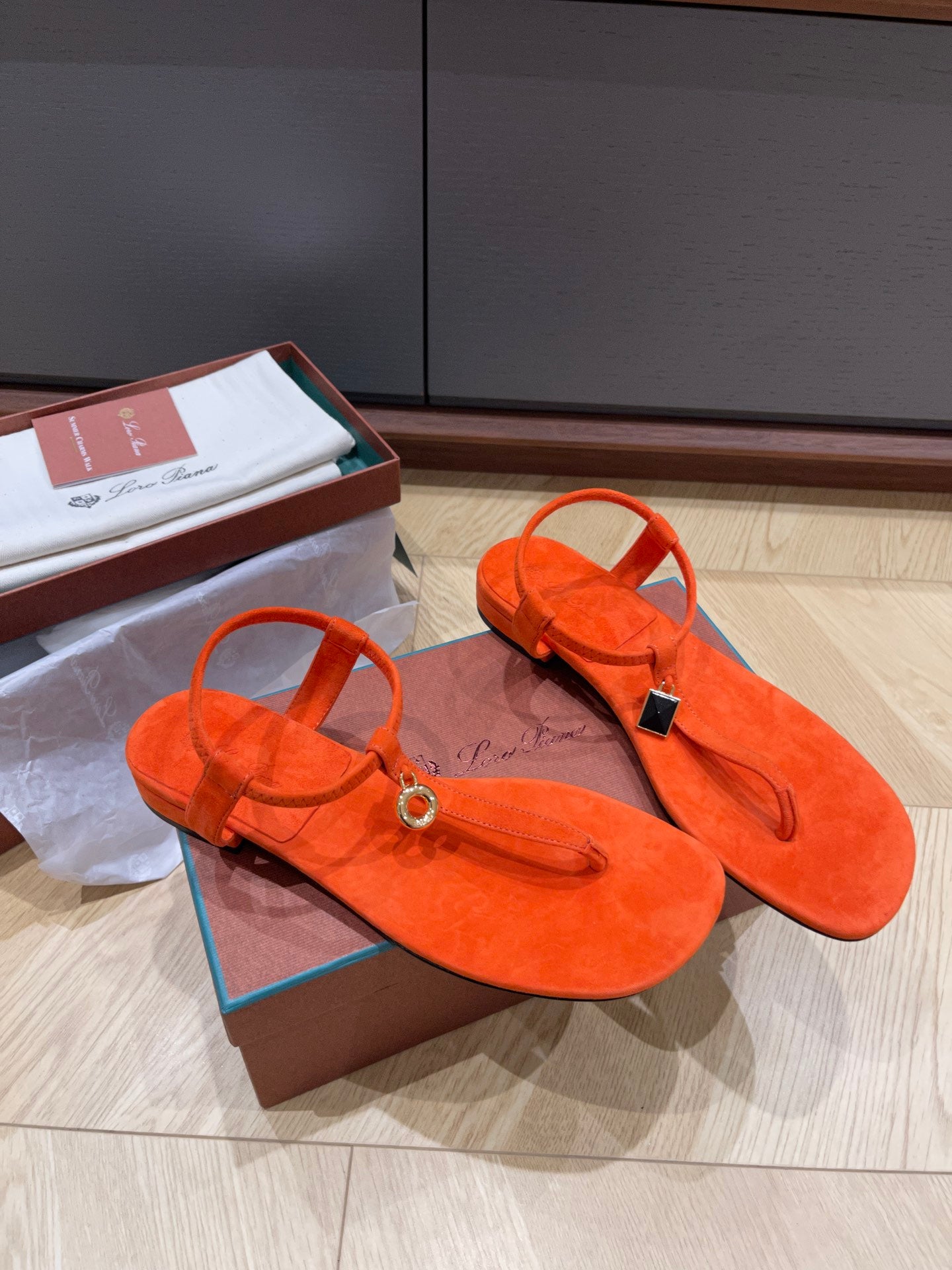 Loro Piana Summer Sandal Orange Blue Coffee Suede Leather Flat Sole Stylish 2502050LP