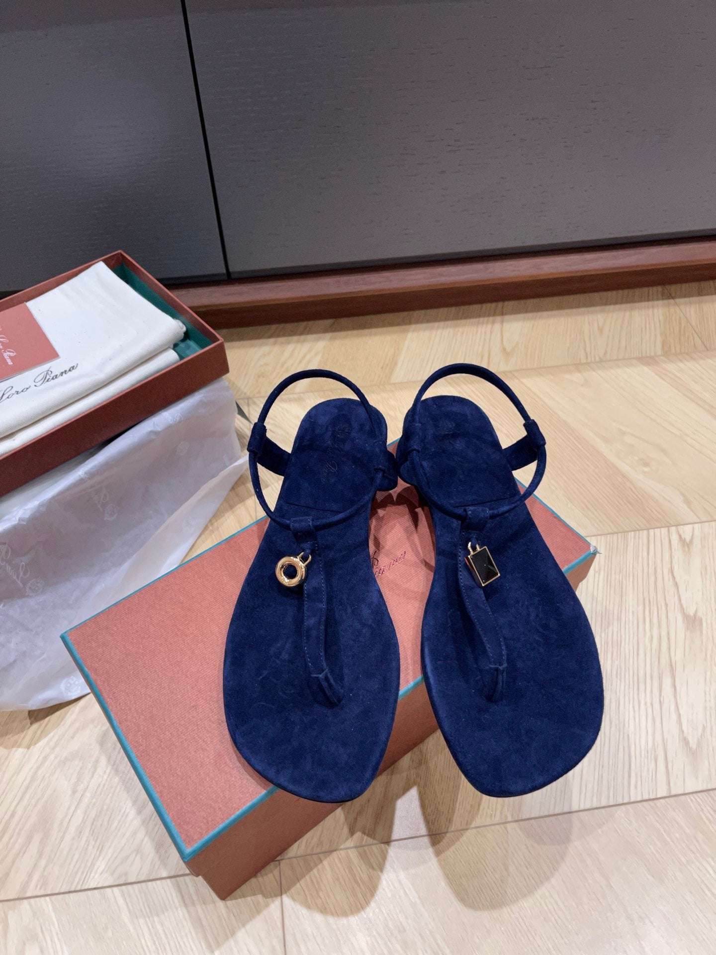 Loro Piana Summer Sandal Orange Blue Coffee Suede Leather Flat Sole Stylish 2502050LP