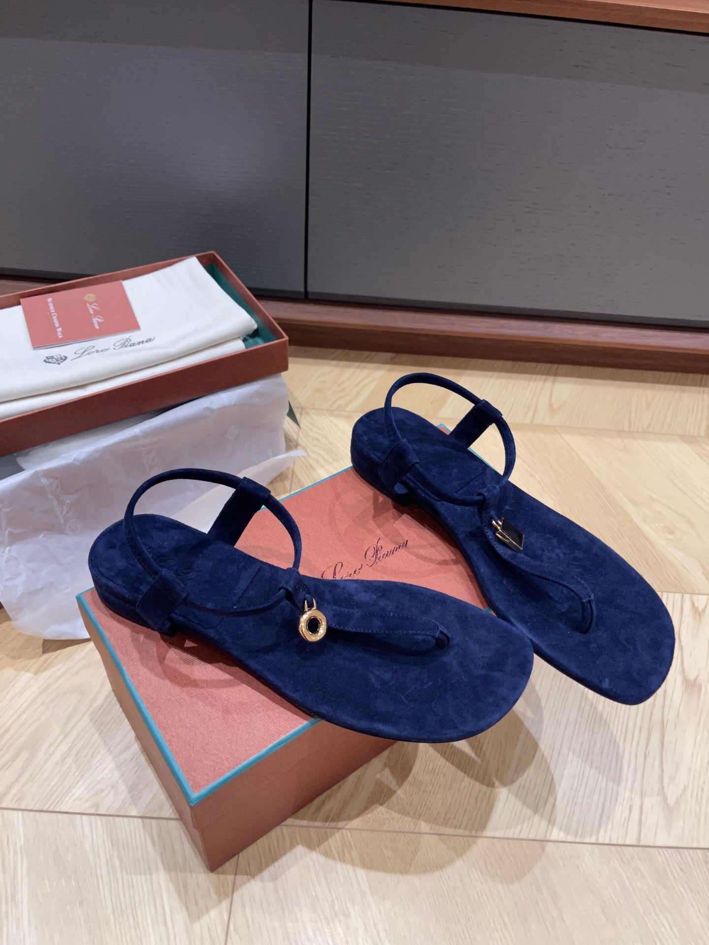 Loro Piana Summer Sandal Orange Blue Coffee Suede Leather Flat Sole Stylish 2502050LP