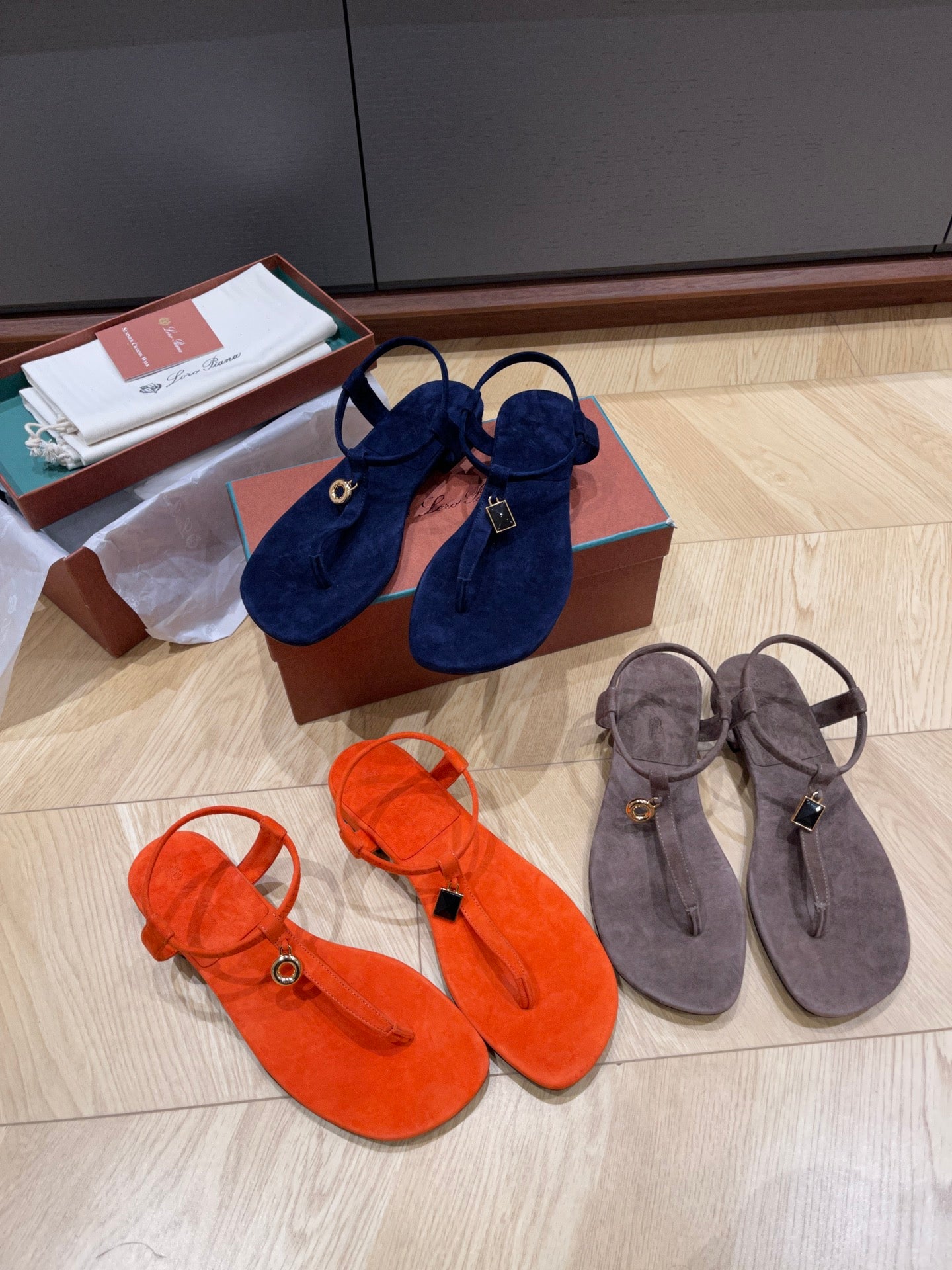 Loro Piana Summer Sandal Orange Blue Coffee Suede Leather Flat Sole Stylish 2502050LP