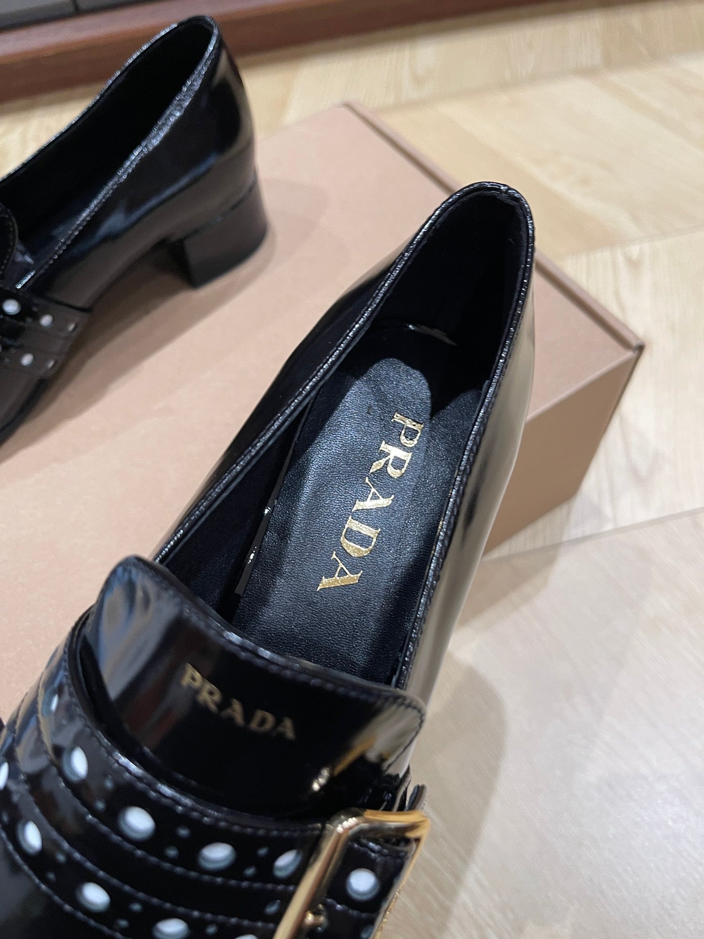 Prada Women Shoes Loafers Black Burgundy Calf Skin Mid-Heels Squar Head Spring 2503085Pra