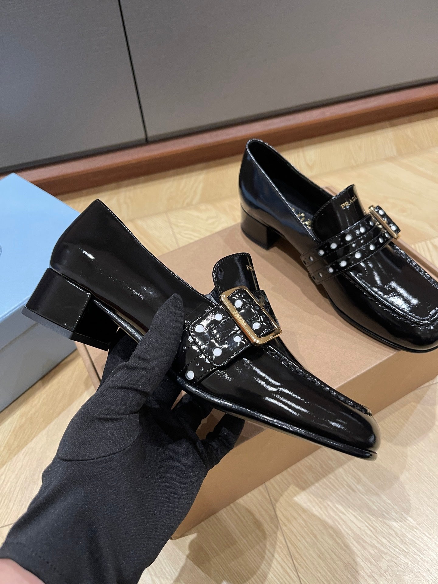 Prada Women Shoes Loafers Black Burgundy Calf Skin Mid-Heels Squar Head Spring 2503085Pra