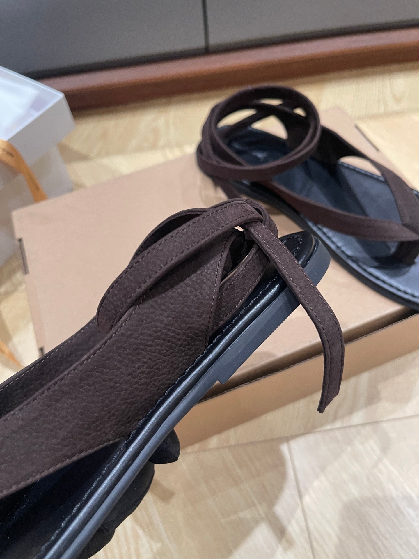 The Row Tie-up flip-flops sandals black leather suede flat sole women summer shoes 2503134TR