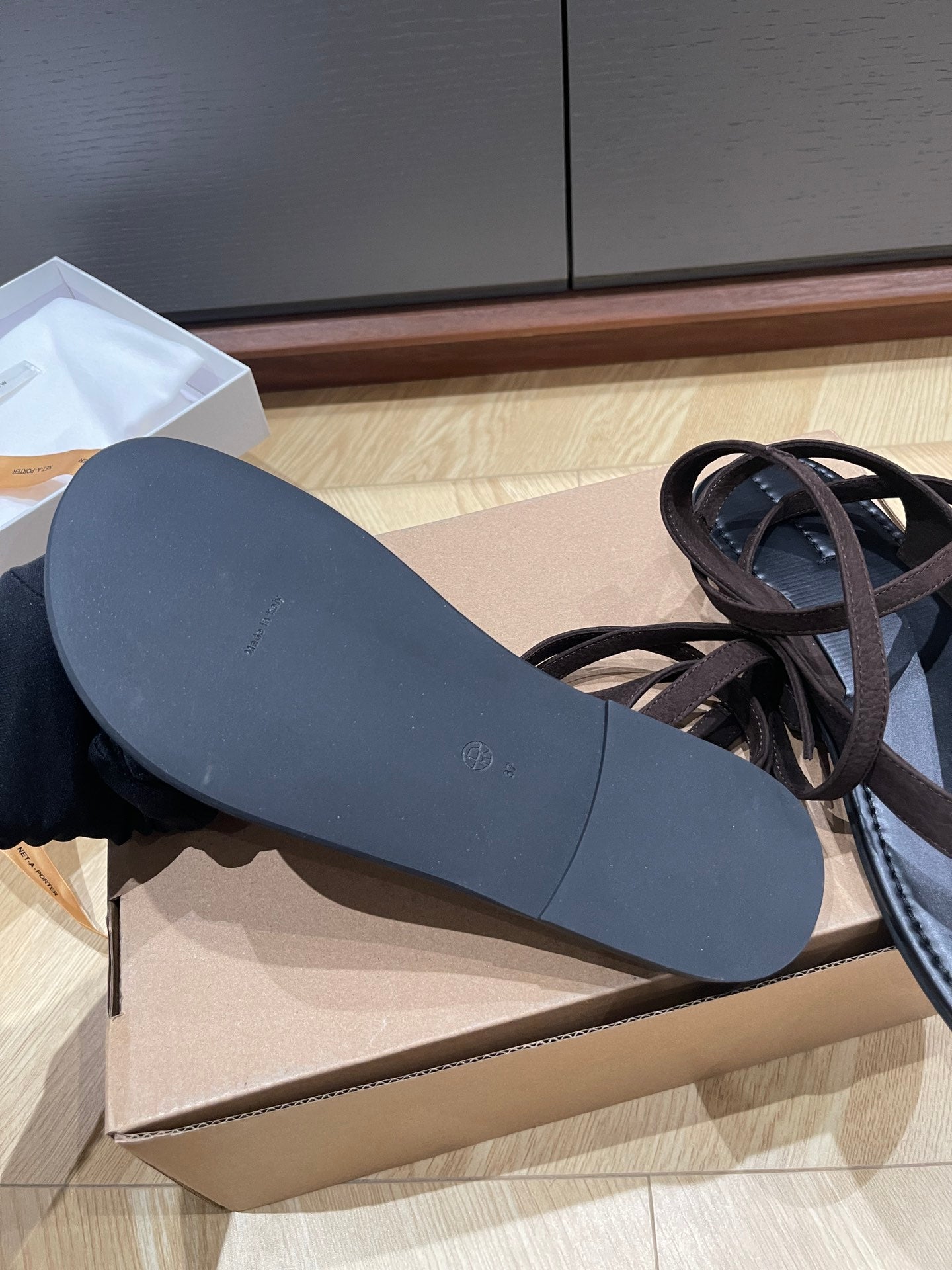 The Row Tie-up flip-flops sandals black leather suede flat sole women summer shoes 2503134TR