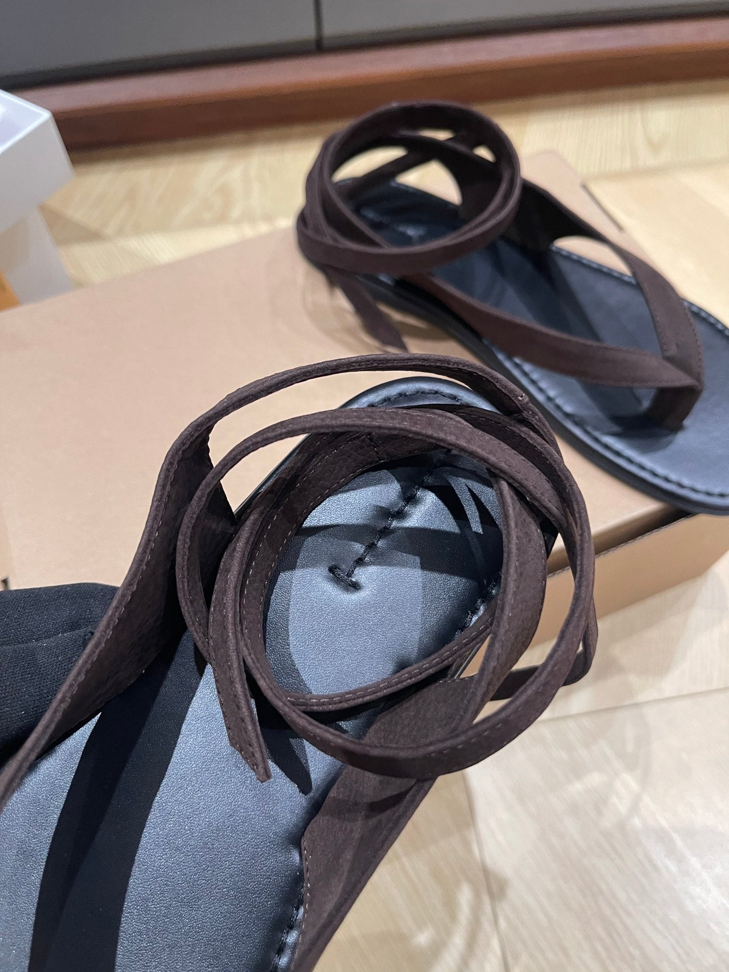 The Row Tie-up flip-flops sandals black leather suede flat sole women summer shoes 2503134TR