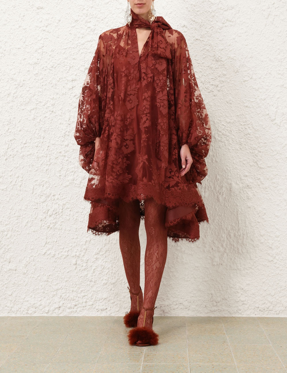 Pre-sell Illustration mini dress rust red cotton blend Chantilly lace V-neck self-tie long puff sleeves 2410009Zim