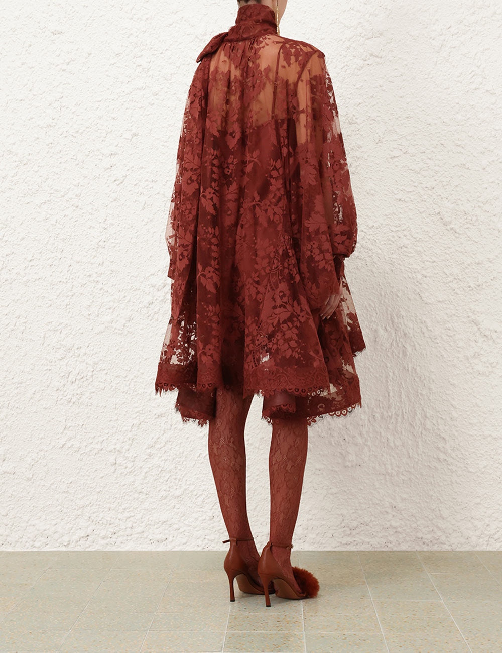 Pre-sell Illustration mini dress rust red cotton blend Chantilly lace V-neck self-tie long puff sleeves 2410009Zim