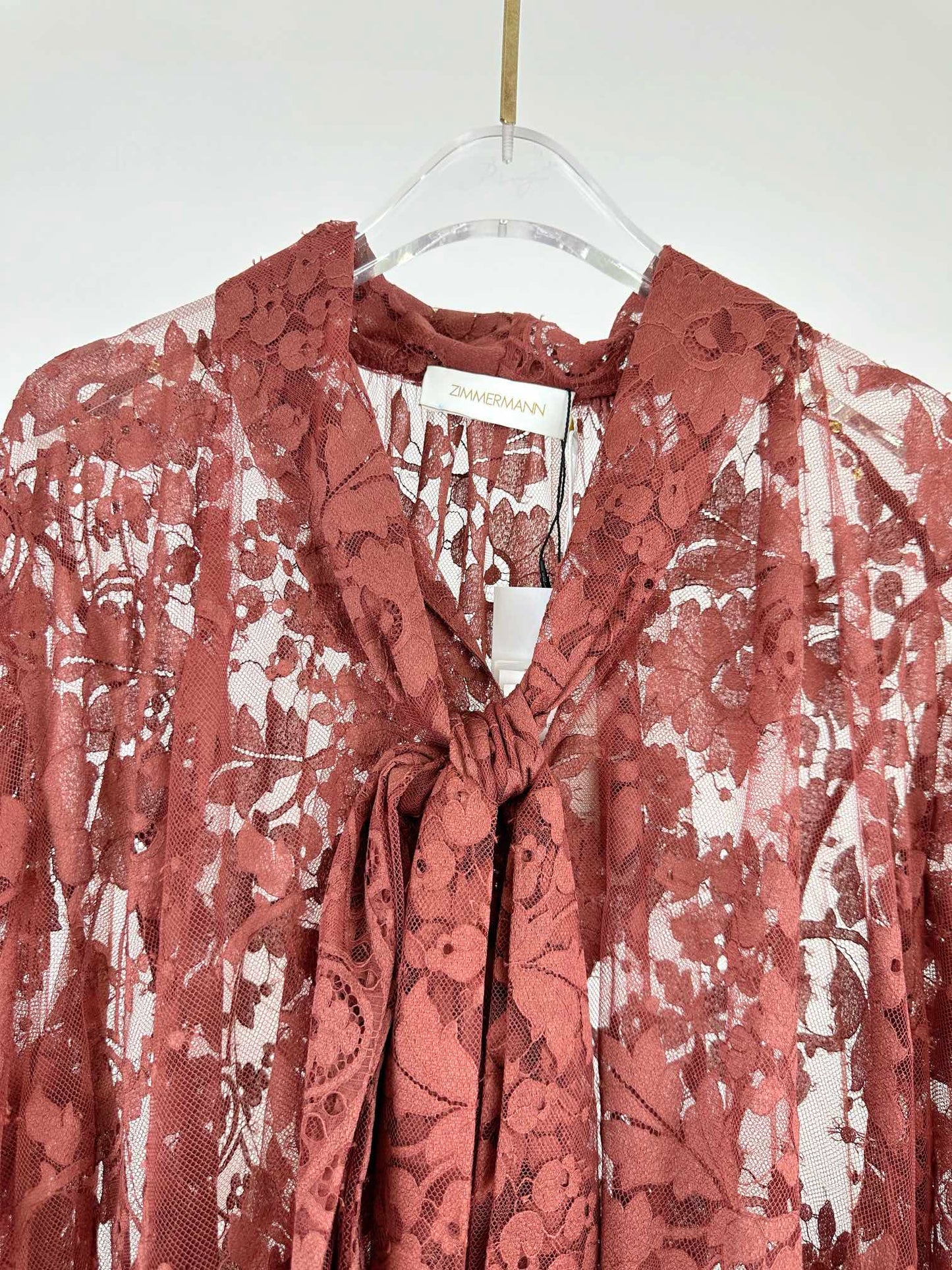 Pre-sell Illustration mini dress rust red cotton blend Chantilly lace V-neck self-tie long puff sleeves 2410009Zim