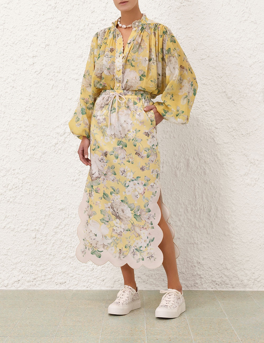 Zimmermann Floral Shirt Skirt set Yellow Loose Ramie Drawstring Waist Midi Length Lace 2411010Zim
