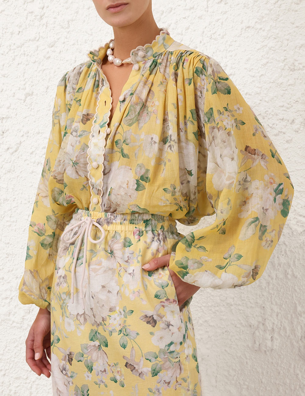 Zimmermann Floral Shirt Skirt set Yellow Loose Ramie Drawstring Waist Midi Length Lace 2411010Zim