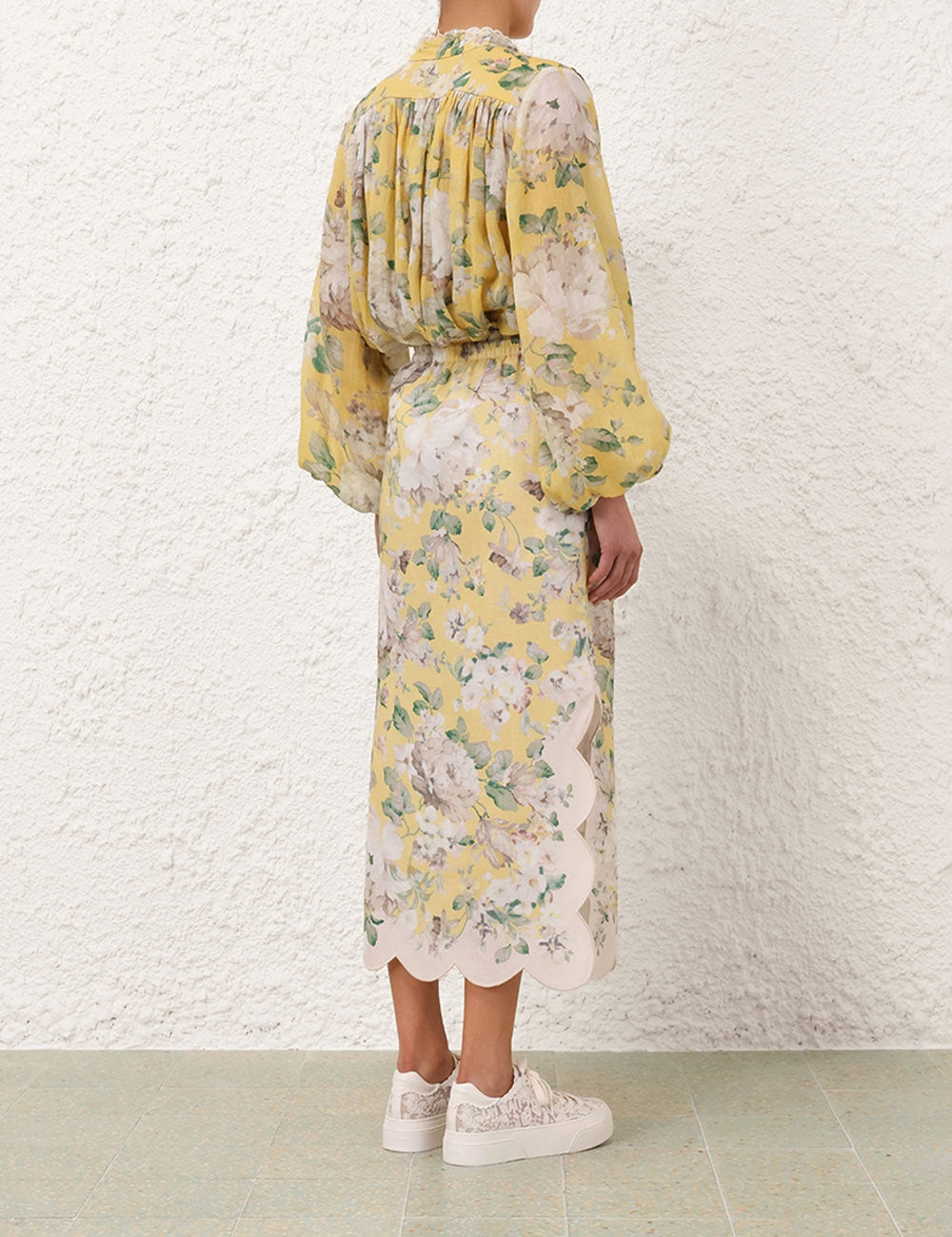 Zimmermann Floral Shirt Skirt set Yellow Loose Ramie Drawstring Waist Midi Length Lace 2411010Zim