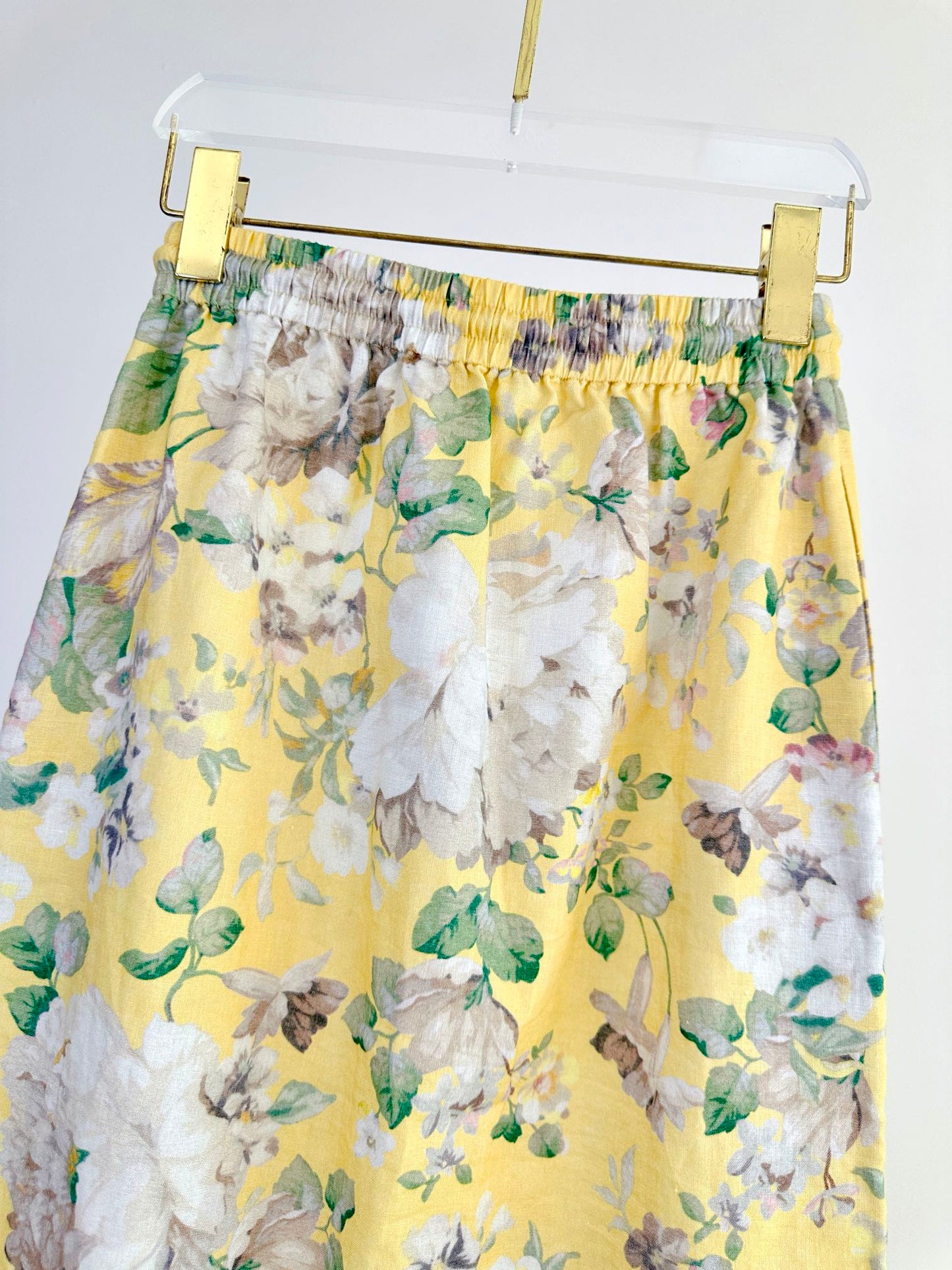 Zimmermann Floral Shirt Skirt set Yellow Loose Ramie Drawstring Waist Midi Length Lace 2411010Zim