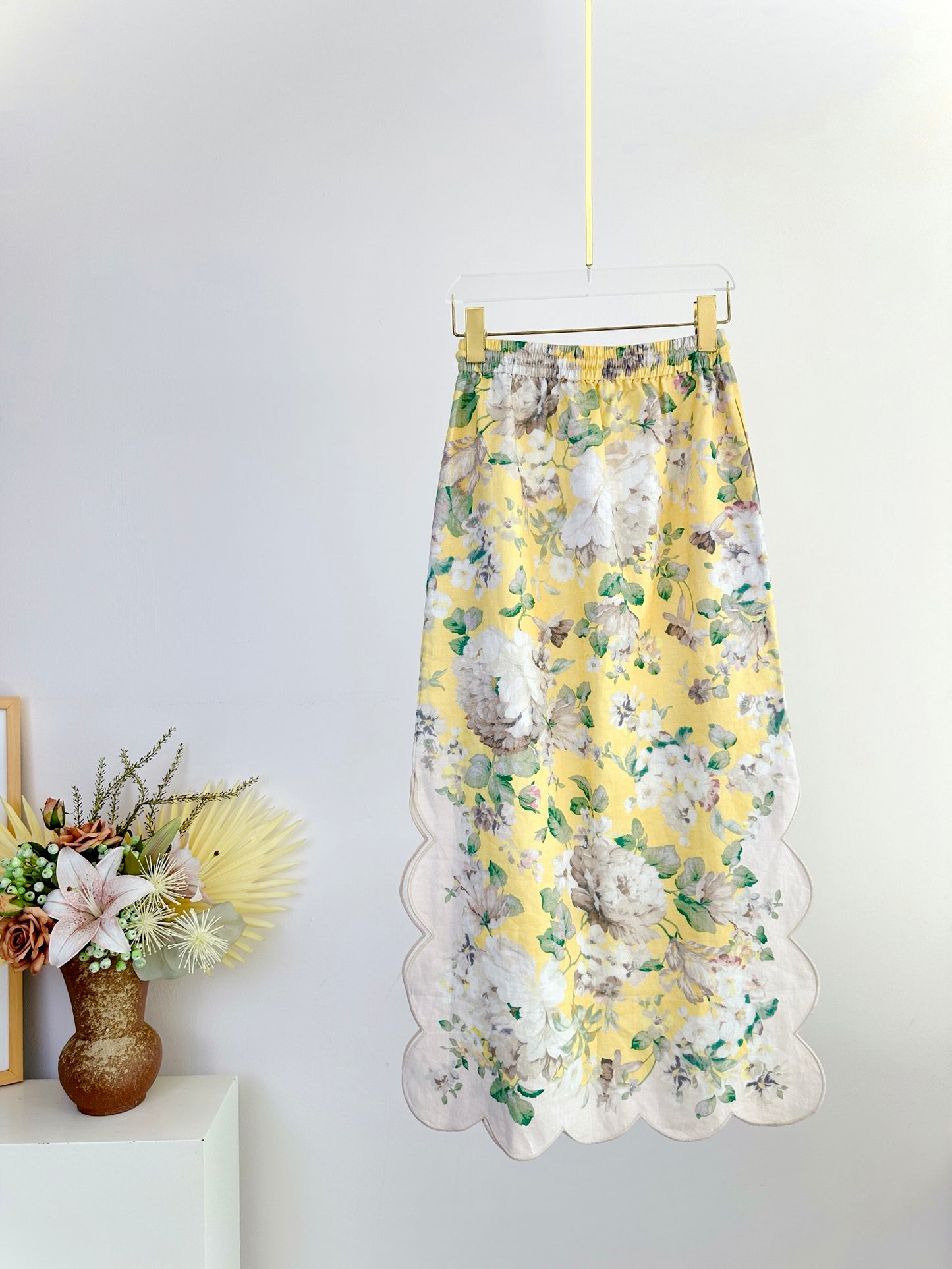 Zimmermann Floral Shirt Skirt set Yellow Loose Ramie Drawstring Waist Midi Length Lace 2411010Zim