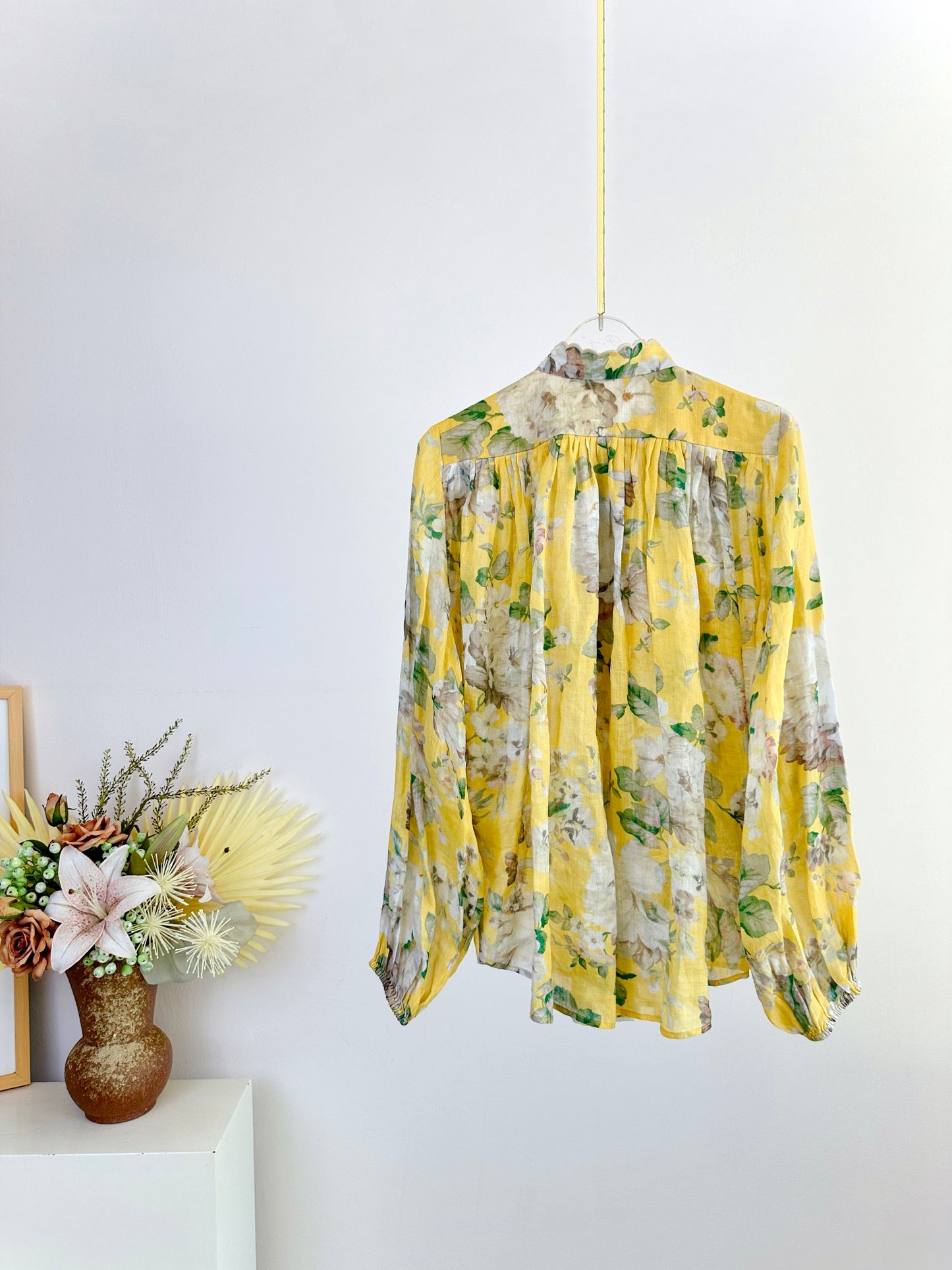 Zimmermann Floral Shirt Skirt set Yellow Loose Ramie Drawstring Waist Midi Length Lace 2411010Zim