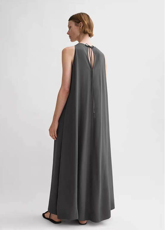 Toteme Kyro crepe maxi dress black gray T-bar strap plunging V-neck rear teardrop sleeveless 2505091TT