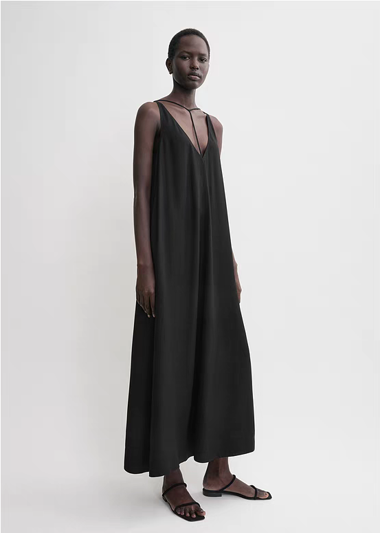 Toteme Kyro crepe maxi dress black gray T-bar strap plunging V-neck rear teardrop sleeveless 2505091TT