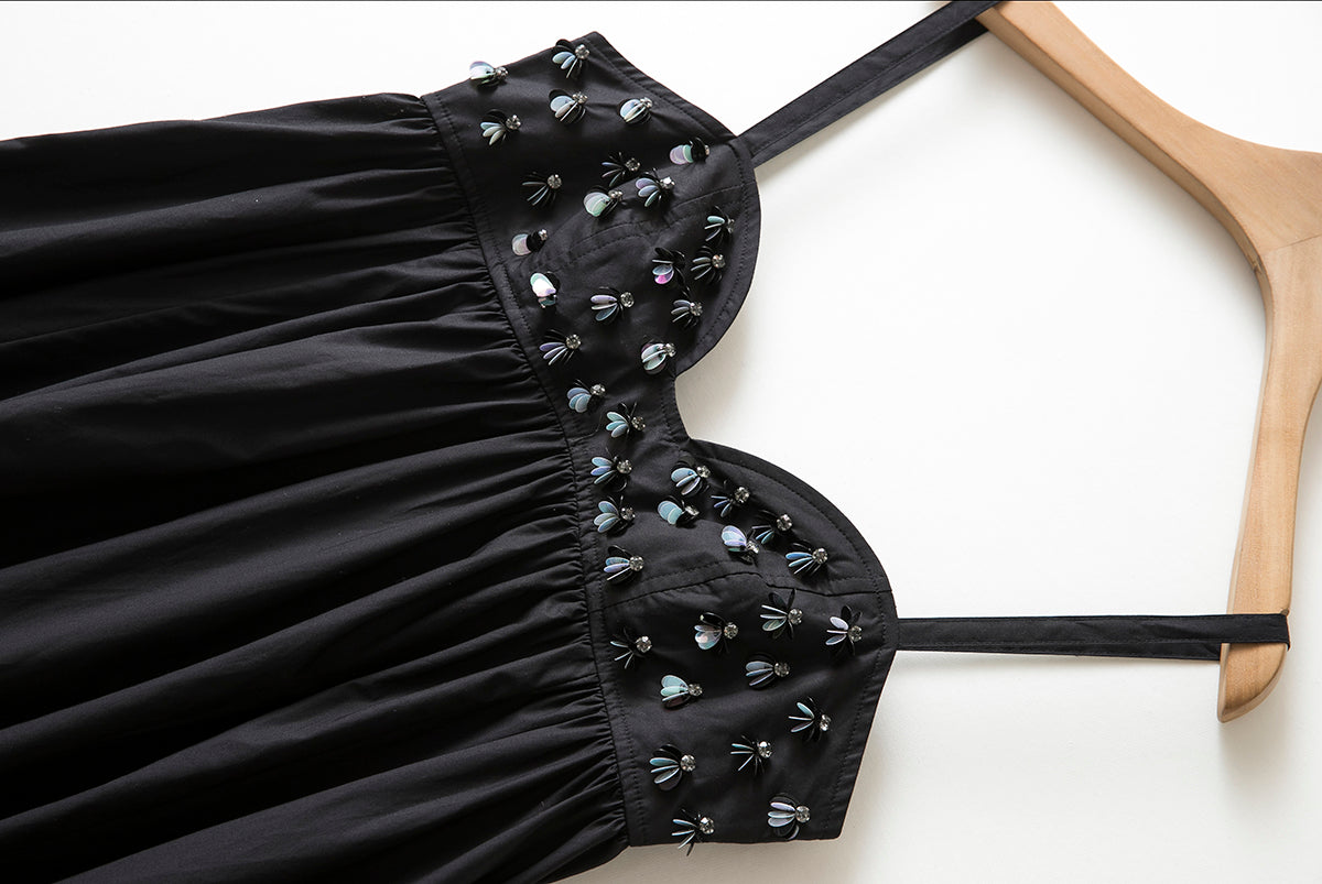 Ulla Johnson Harlan maxi dress black rear zip side slit pockets sequin embellishment Cotton 2506052UJ