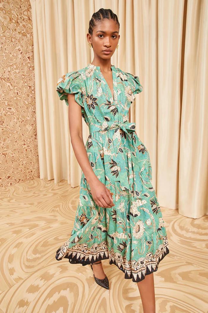 Ulla Johnson Floral Print Midi Dress Short Puff Sleeve Light Green Belted Waist V-neck 2506078UJ
