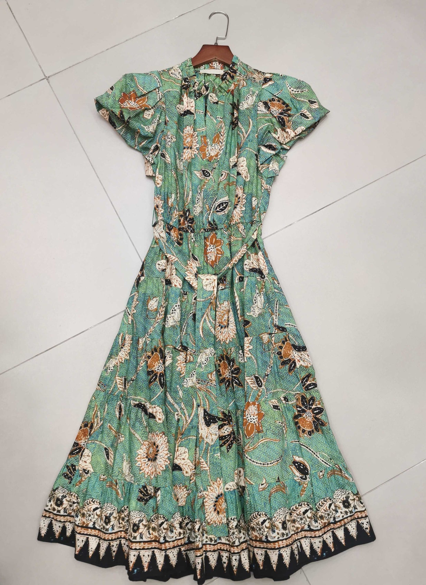 Ulla Johnson Floral Print Midi Dress Short Puff Sleeve Light Green Belted Waist V-neck 2506078UJ