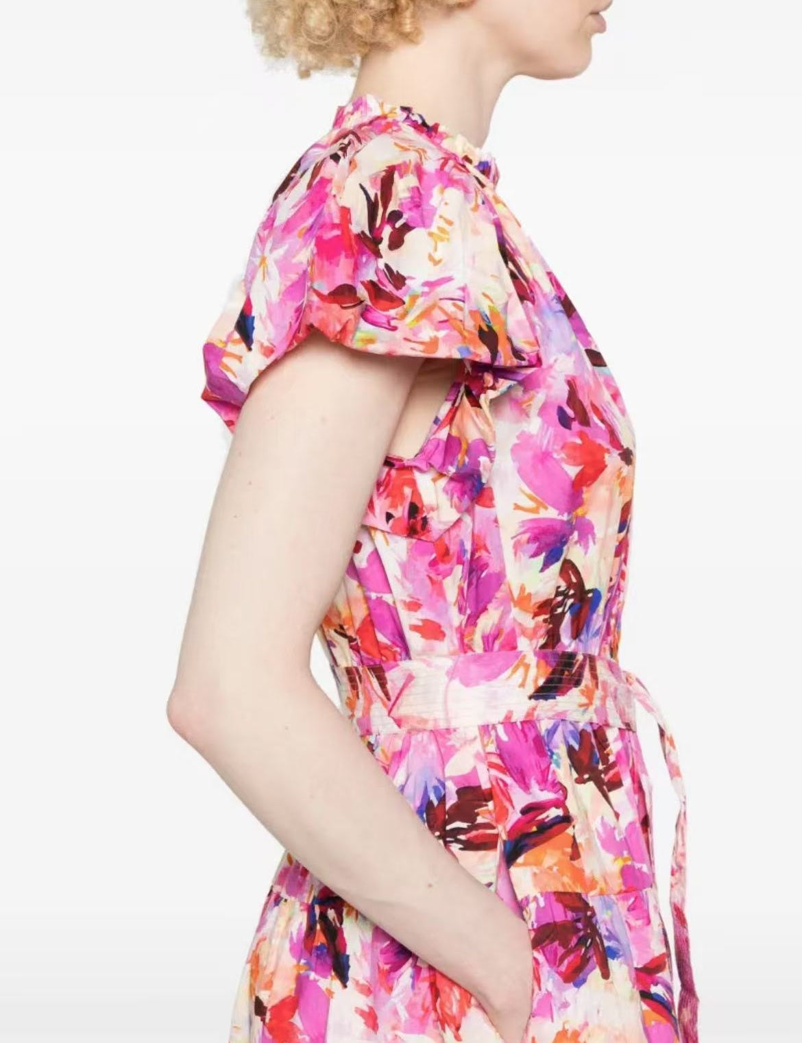 Ulla Johnson Midi Sleeve Short Puff Sleeve Pink Floral Print V-neck Holiday Style belted 2506076UJ