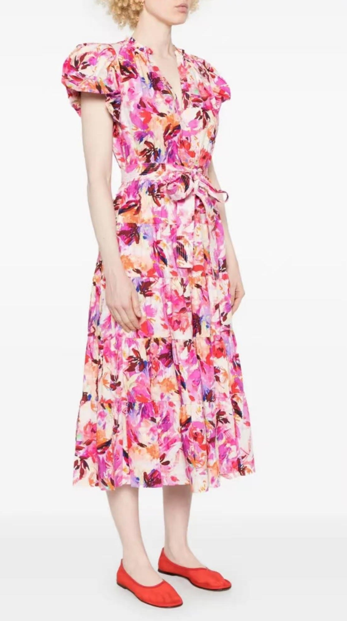 Ulla Johnson Midi Sleeve Short Puff Sleeve Pink Floral Print V-neck Holiday Style belted 2506076UJ