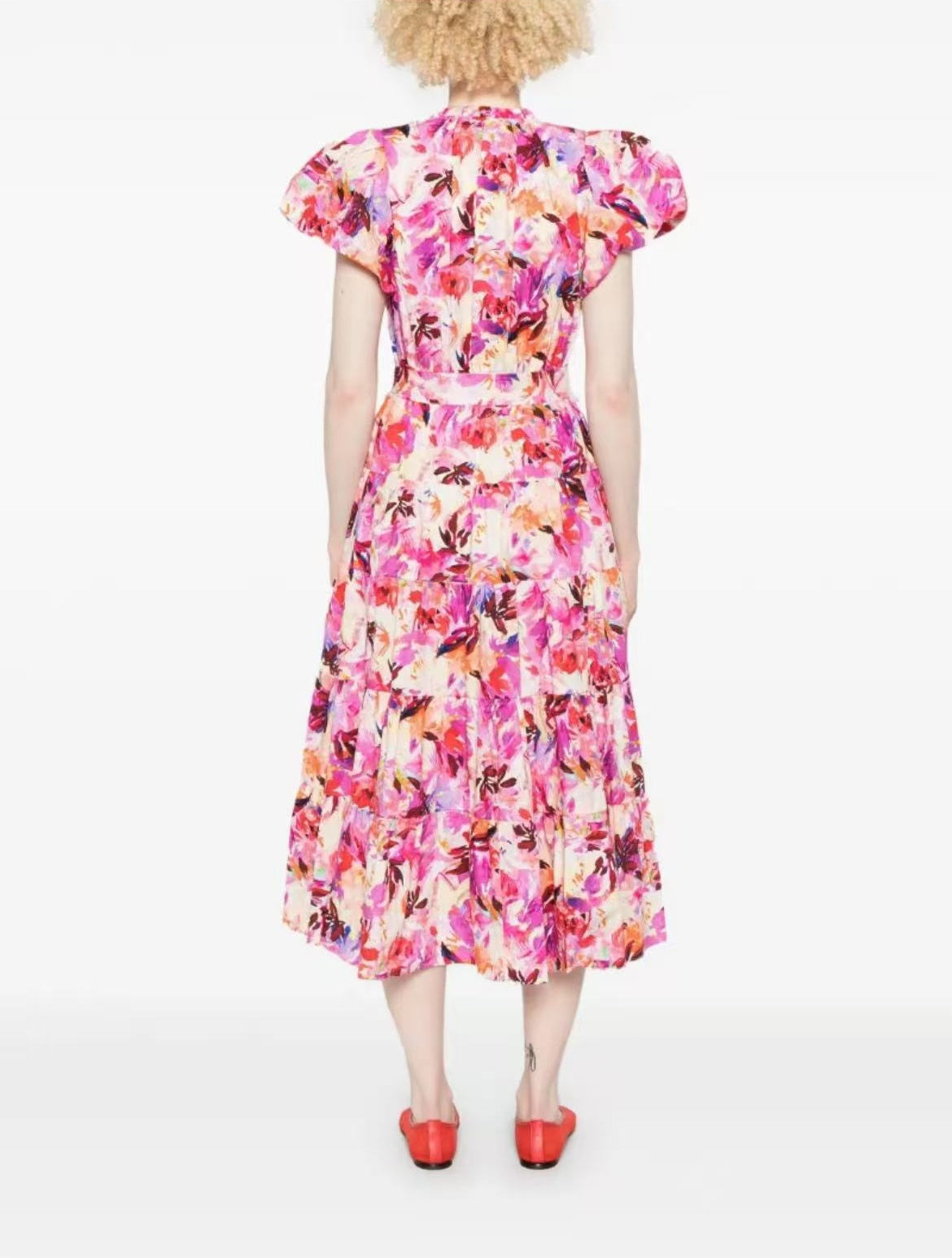 Ulla Johnson Midi Sleeve Short Puff Sleeve Pink Floral Print V-neck Holiday Style belted 2506076UJ